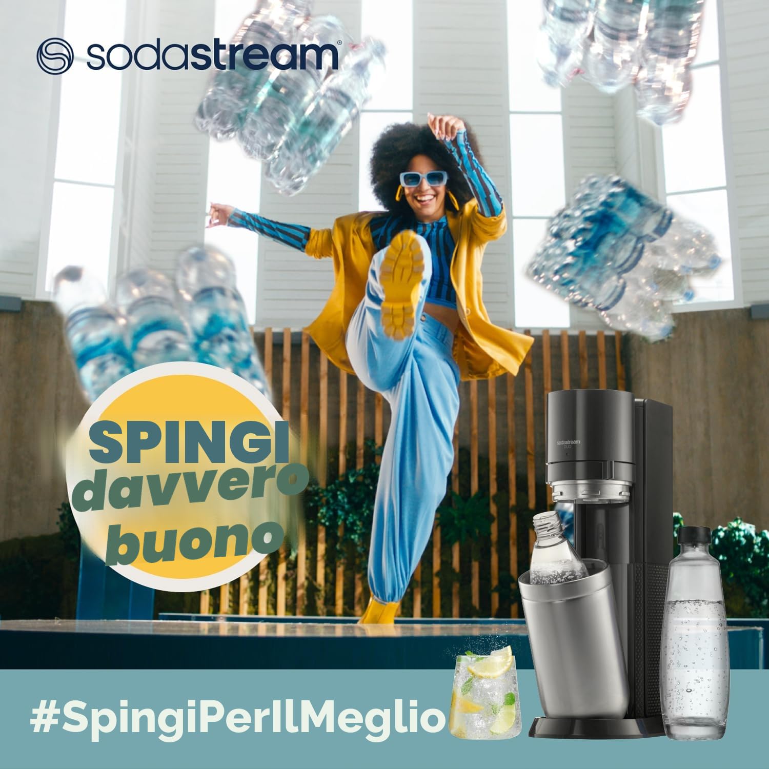 Sodastream Crystal Nero, Gasatore d'acqua frizzante utilizzare solo bottiglie di vetro Sodastream, inclusa bombola Co2 alimentare e bottiglia di vetro da 1 litro
