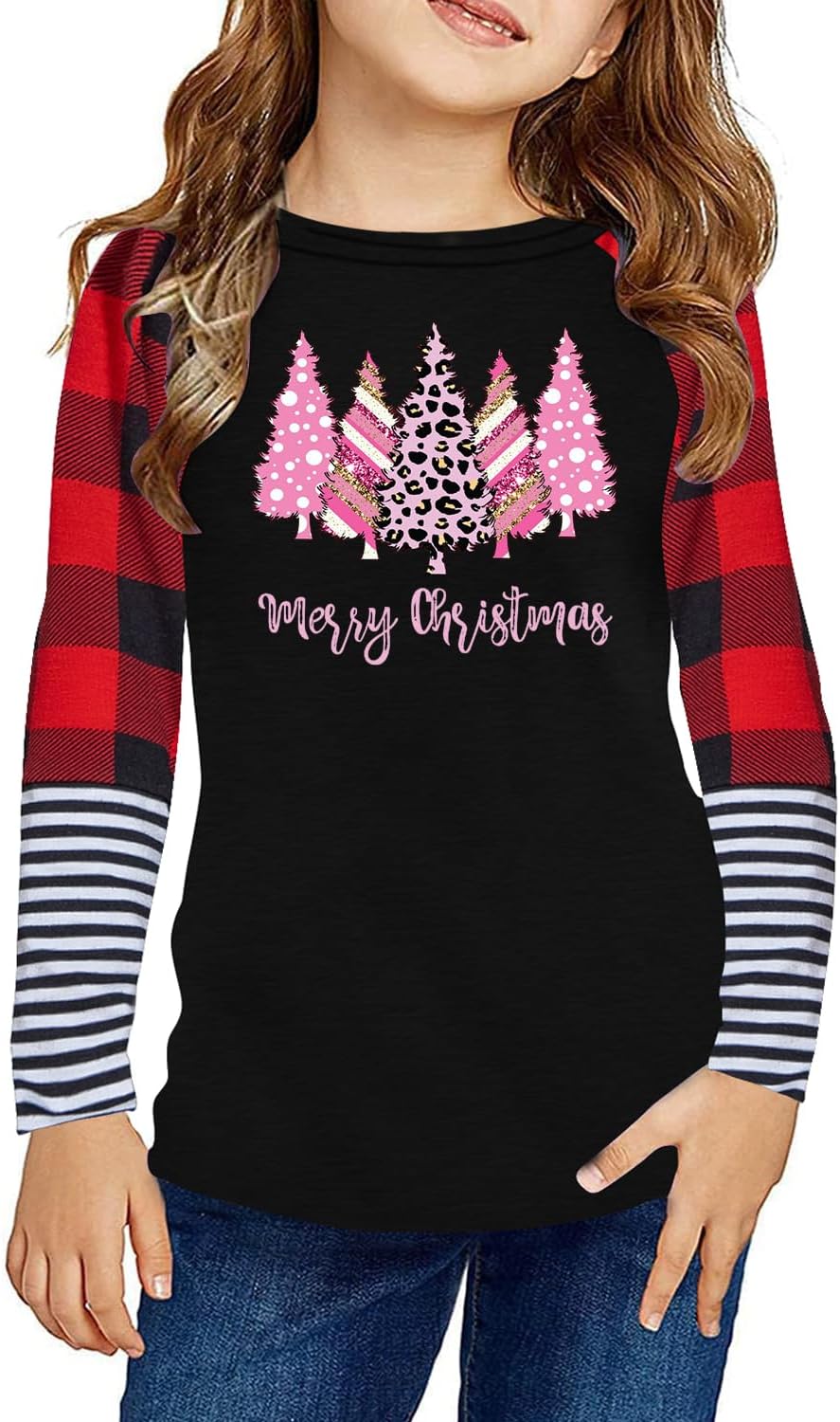 Girls Christmas Shirt Kids Merry Christmas Trees Shirts Ugly Xmas Santa Plaid Long Sleeve Tops 5-14 Years - Image 6