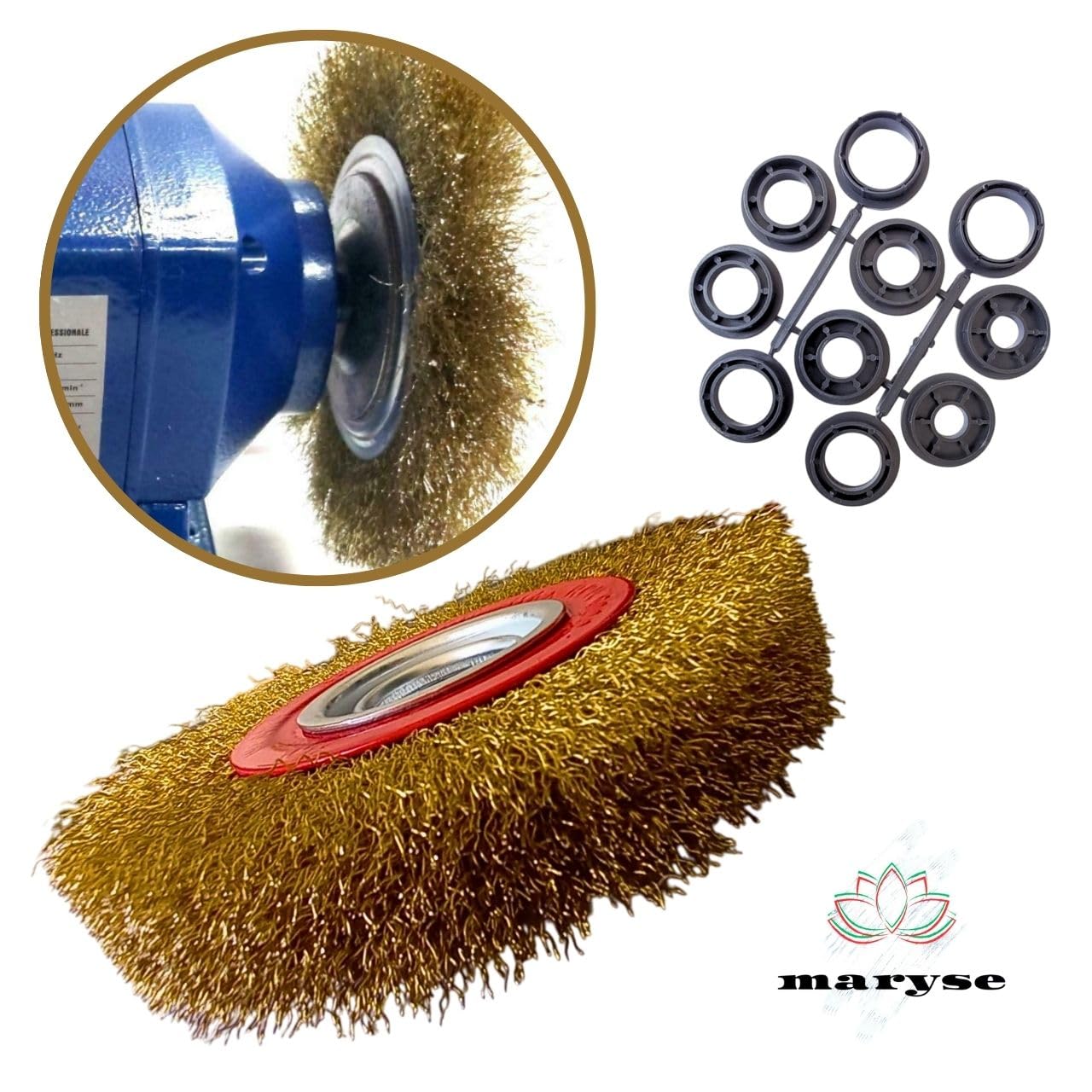 Spazzola Circolare per Mola da Banco Ø 150mm Setole Acciaio Ottonato con Adattatori Albero - Ideale per Pulizia, Sbavatura, Lucidatura Leggera e Rimozione Ruggine da Metallo, Legno e Altri Materiali