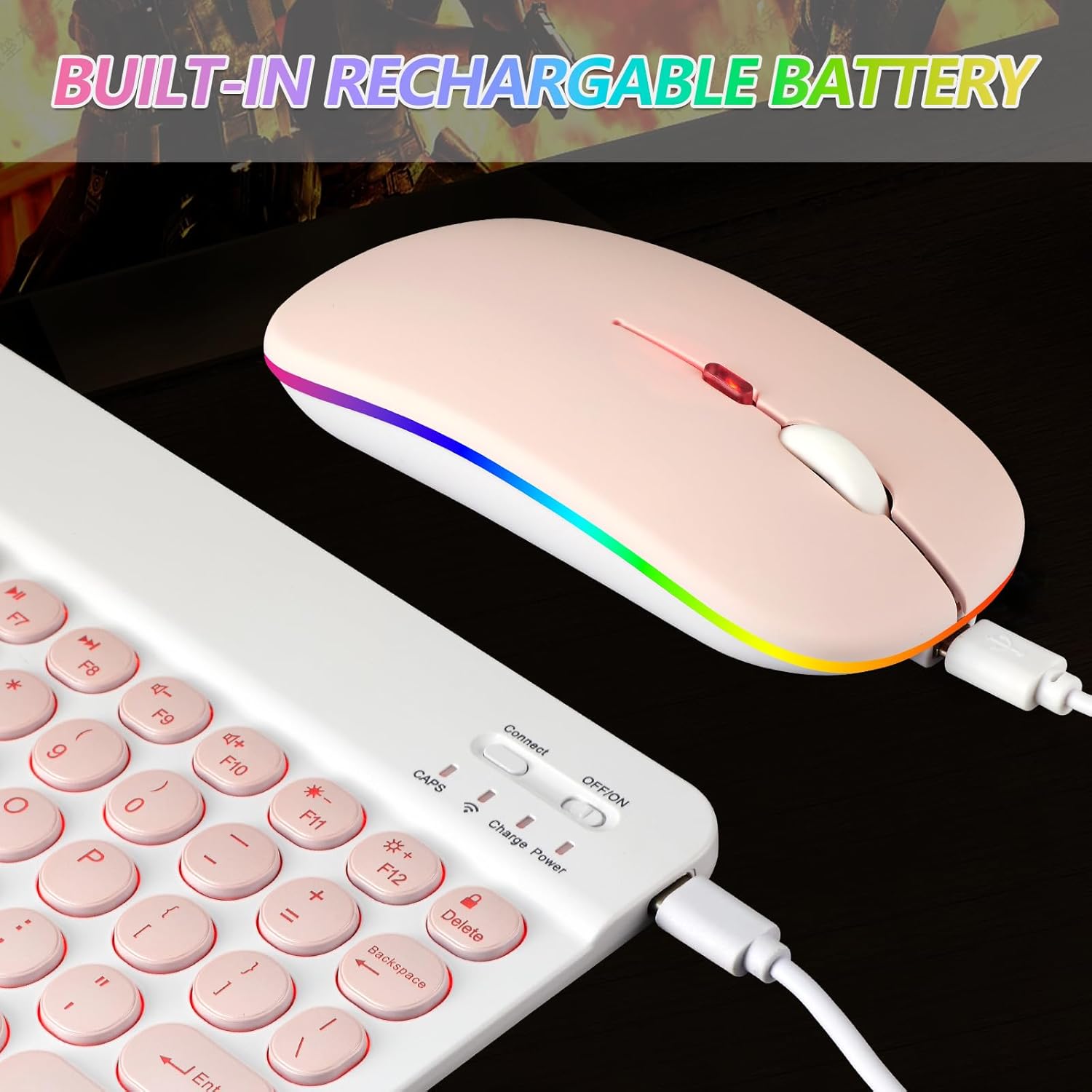 Bluetooth Keyboard and Mouse Combo for iPad - Rechargeable Wireless Keyboard & Mouse with 7-Color Backlit Compatible with iPad 9th/8th Gen, iPad Pro/Air/Mini, iPhone14/13/12 Pro, Round Keys Pink image 8 of 8 B0CC6DQTLH