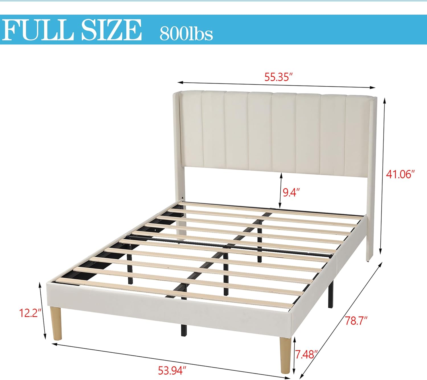alazyhome Upholstered Platform Full Size Bed Frame with Headboard Wooden Slats Support No Noise Easy Assembly Beige Velvet - Image 2