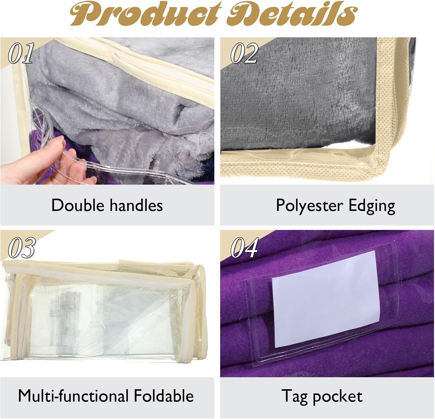 Abbylike 6 Pcs 12'' Zippered Clear Plastic Storage Bags with Label Pocket and Handles Plastic Storage Bins Clear Moving Bags Waterproof Organizers Tote Bins for Closet Sheet Clothes Packing(Beige)
