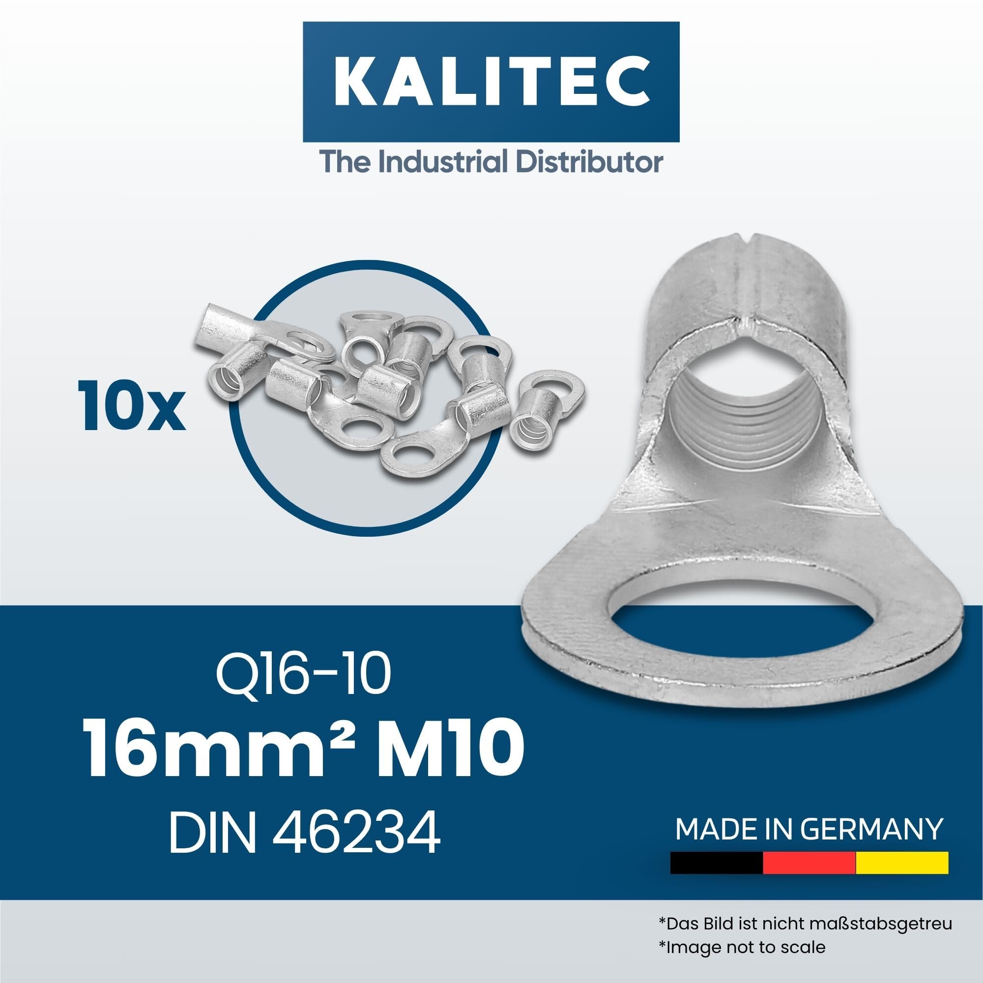 Produktbild von 10er Set Kalitec Q16-10 Quetschkabelschuhe 16mm² M10 – Unisoliert, Für Flexible Leiter, Dornpressung Nach DIN 46234