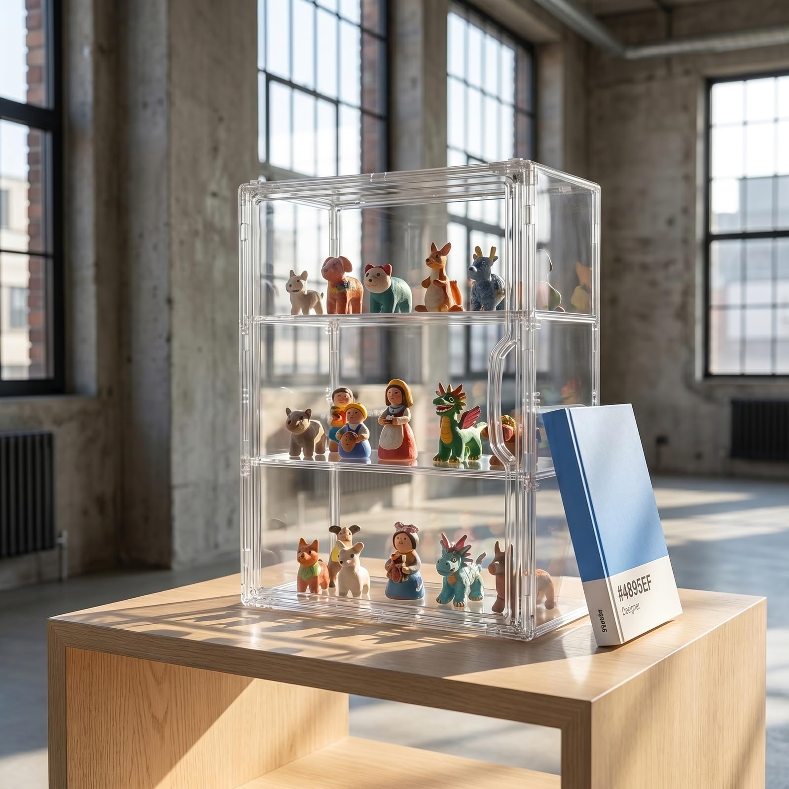 Vitrine Acrylique Empilable à 3 Niveaux avec Porte Magnétique, Boîte de Présentation Transparente pour Figurines, Objets de Collection, Antipoussière et Facile à Monter (36x13x27cm)