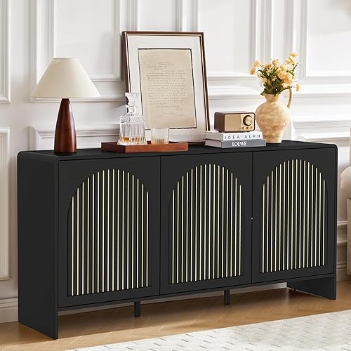 Armario buffet de 59 pulgadas con almacenamiento, armario de almacenamiento de consola de TV arqueada de madera con 3 puertas y estante ajustable,