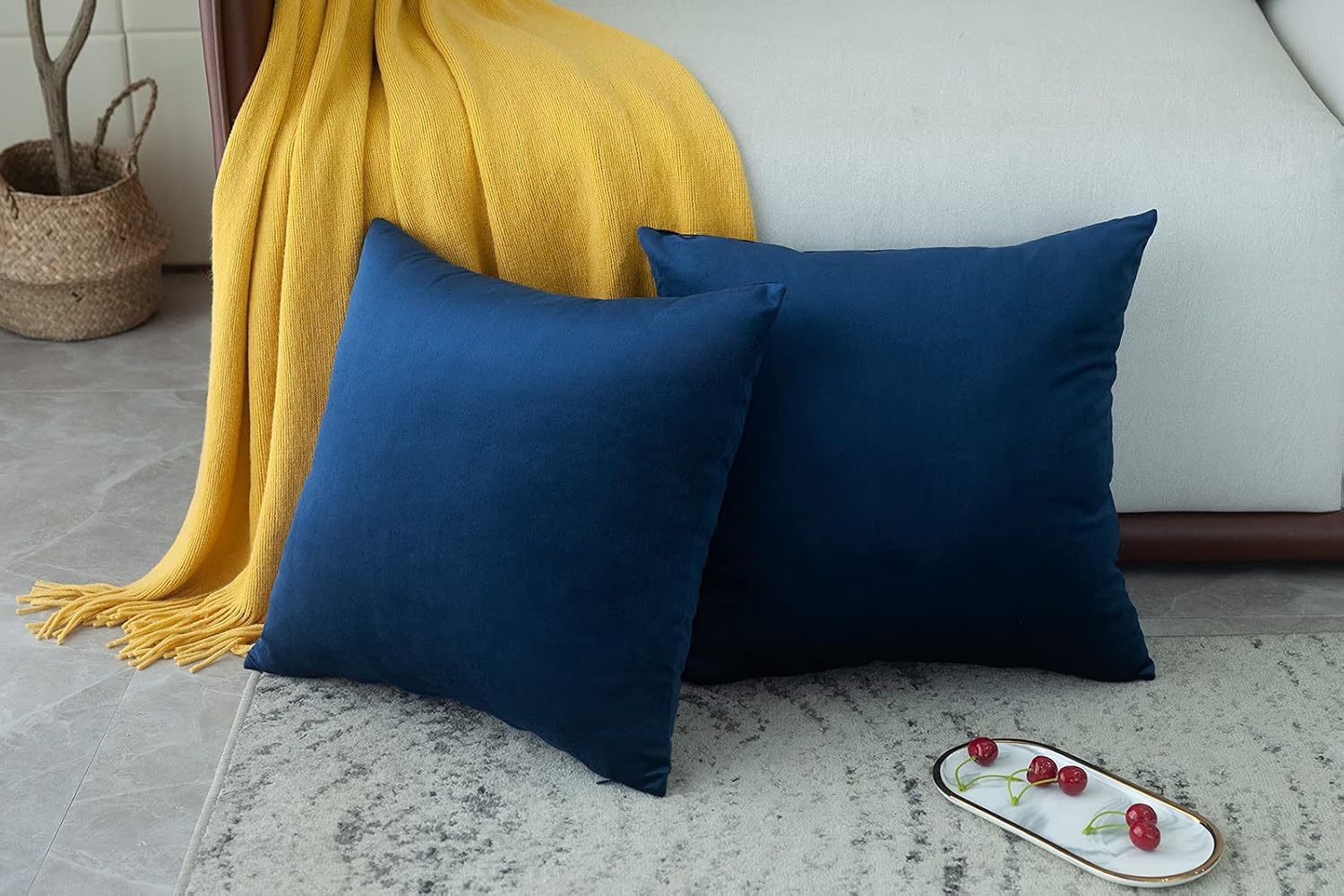 MUDILY Pack of 2 Velvet Soft Decorative Square Throw Pillow Covers Cushion Case for Sofa Chair Bedroom Car Navy Blue 16 x 16 Inch 40 x 40 cm