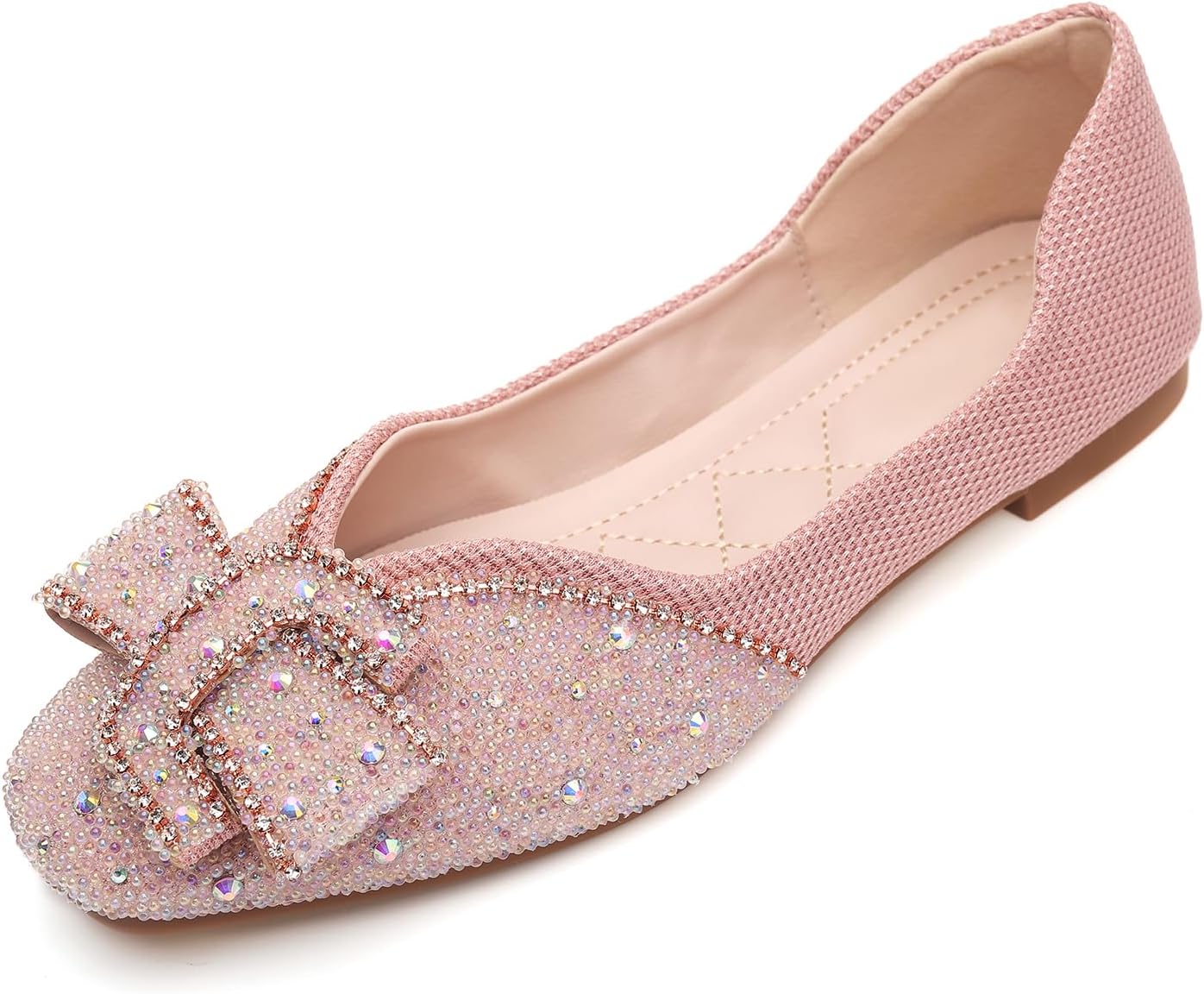 Women's Square Head Flat Shoes Fashion Glittering Rhinestone Bride Wedding Dress Shoes Comfortable Non Slip Slip on Walking Shoes