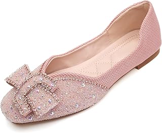 Women's Square Head Flat Shoes Fashion Glittering Rhinestone Bride Wedding Dress Shoes Comfortable Non Slip Slip on Walking Shoes - Buy now