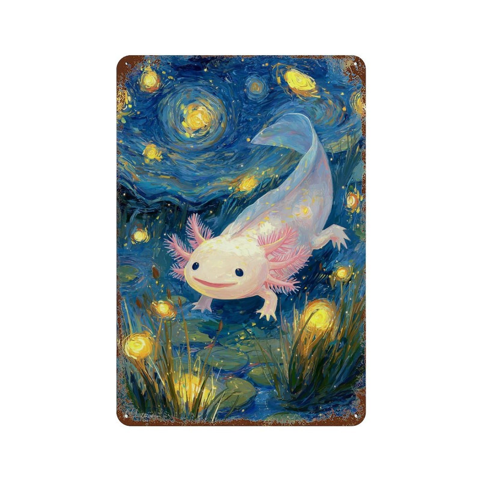 Axolotl in Starry Night Pond Rust Effect Tin Sign 11.8"x7.9", Farmhouse Wall Decor for Living Room, Hallway And Home Decor