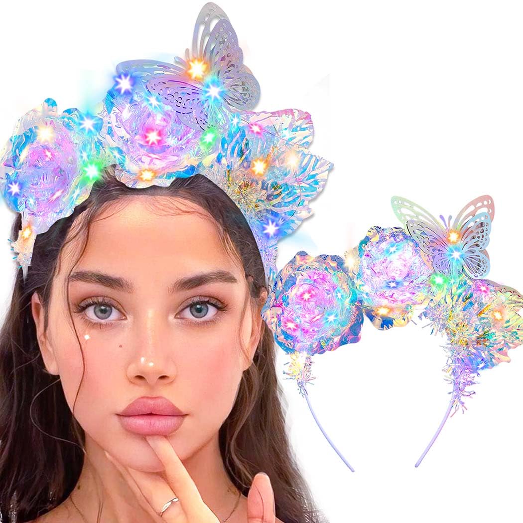 Light Up Laser Flower Headbands LED Butterfly Hair Bands Glitter Rave Costume Hair Accessories for Women