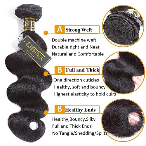 Miniatura 4 de QTHAIR - 3extensiones de cabello humano remy brasileño ondulado, 12 A, 18, 16 y 14 pulgadas, 10.58onzas, trama de cabello de color negro natural,