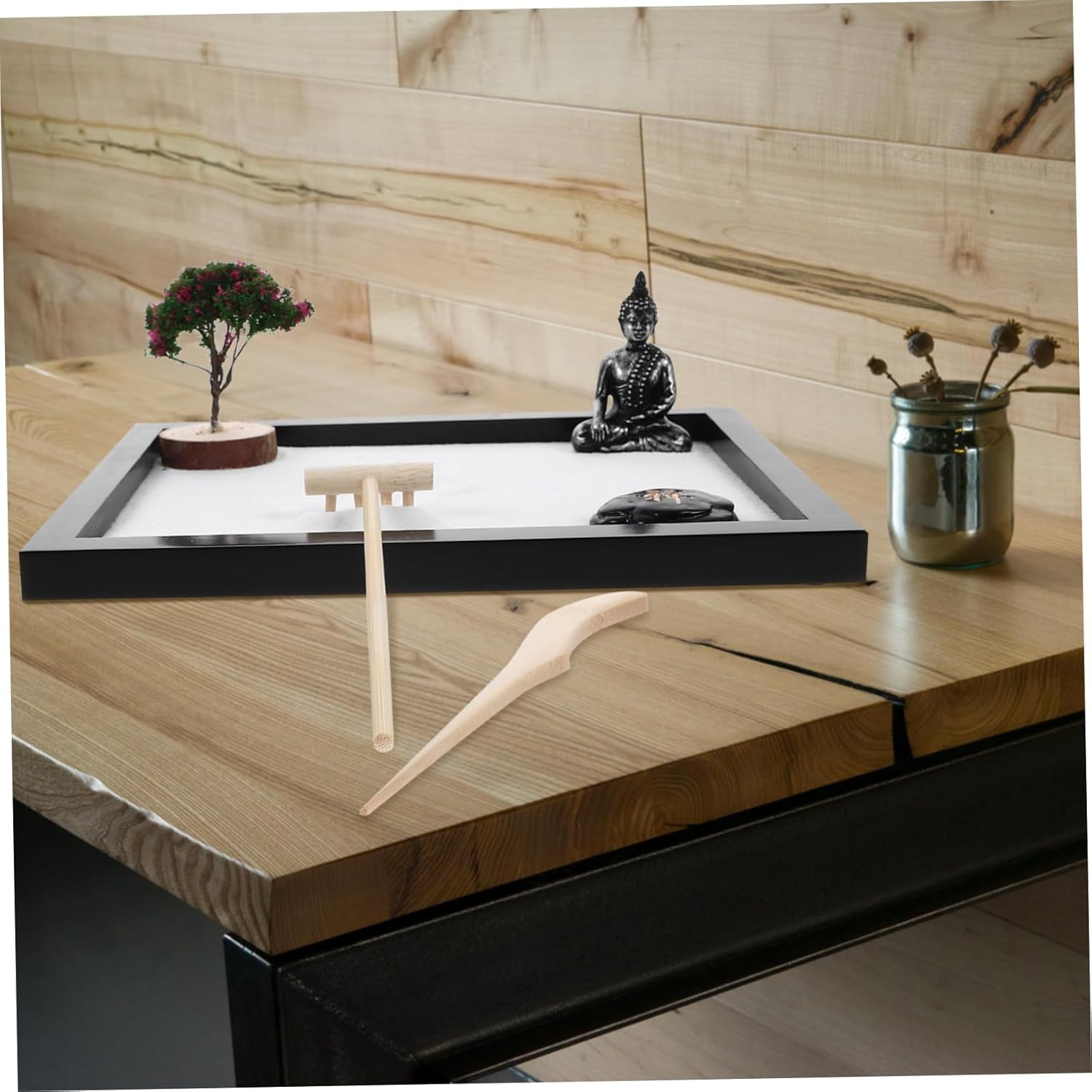 Yardwe 1 Set Zen Garden Kit with Buddha Figurine Decorative Sandbox for Office Desktop Relaxation Adornment Miniature Garden Decor for Relief and Meditation