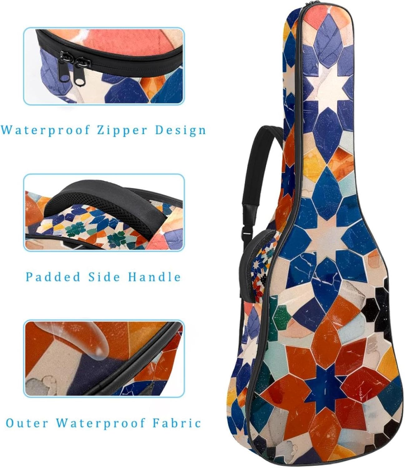 Acoustic Guitar Bag 0.4 Inch Thick Padding Waterproof Guitar Case Gig Bag for 40 41 42 Inch Electric Bass Classical Guitar, Colorful Moroccan Art Pattern