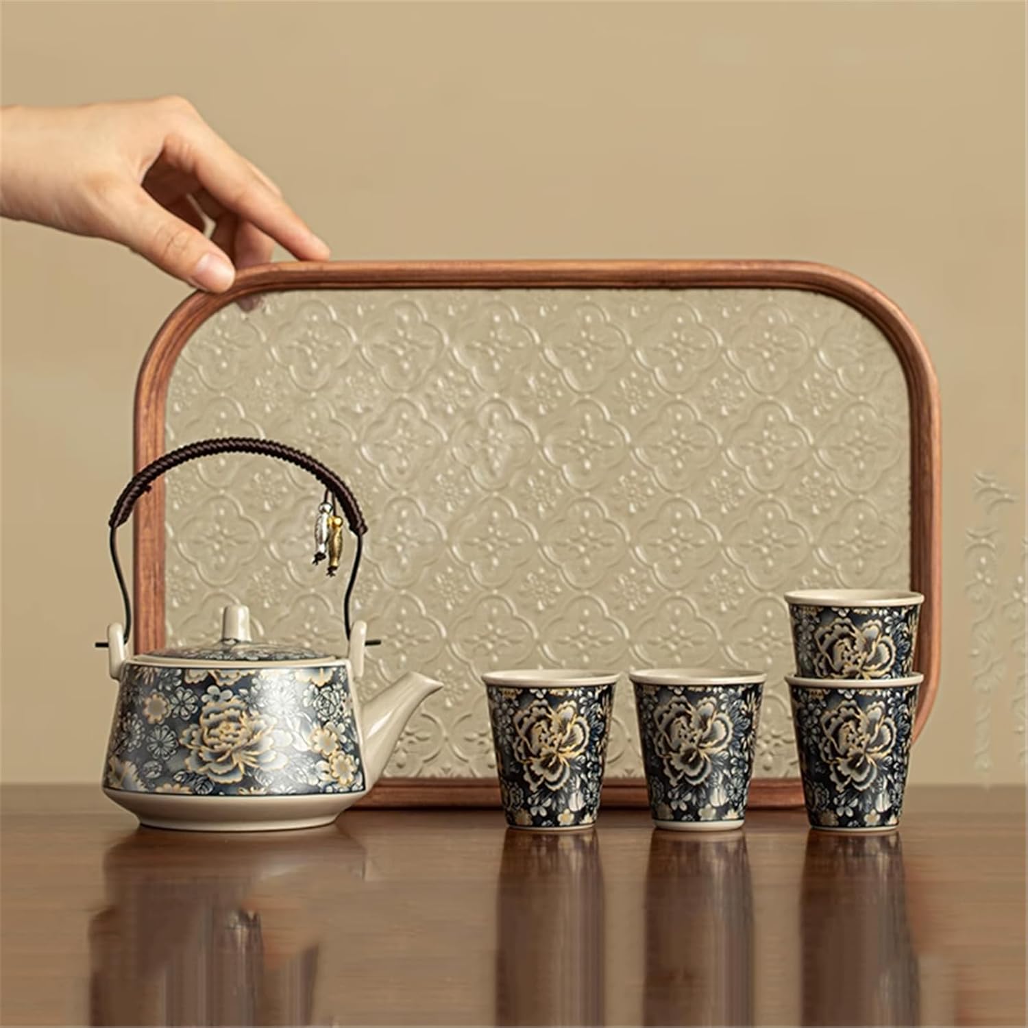 Handle Teapot Set, 1 Teapot 4 Cups with Tray, Home Brewing Kit-set1