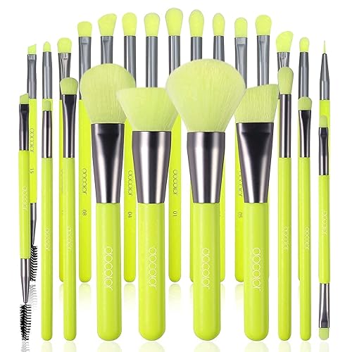 Docolor Juego de 10 brochas de maquillaje verde neón + 15 brochas de maquillaje de ojos, regalo de Navidad, base Kabuki de primera calidad, mezcla