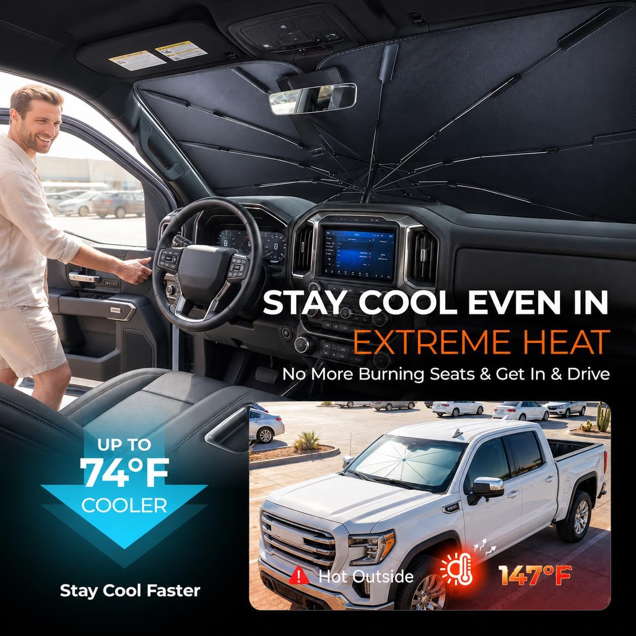 [2026 Upgraded] DooGooCoo Windshield Sun Shade Umbrella for GMC Sierra [100% Sunlight Blocked, Cooling Ice Crystal] Sunshade for Car Windshield for Sierra Sun Shade 2014-2026, Custom Fit for Sierra.