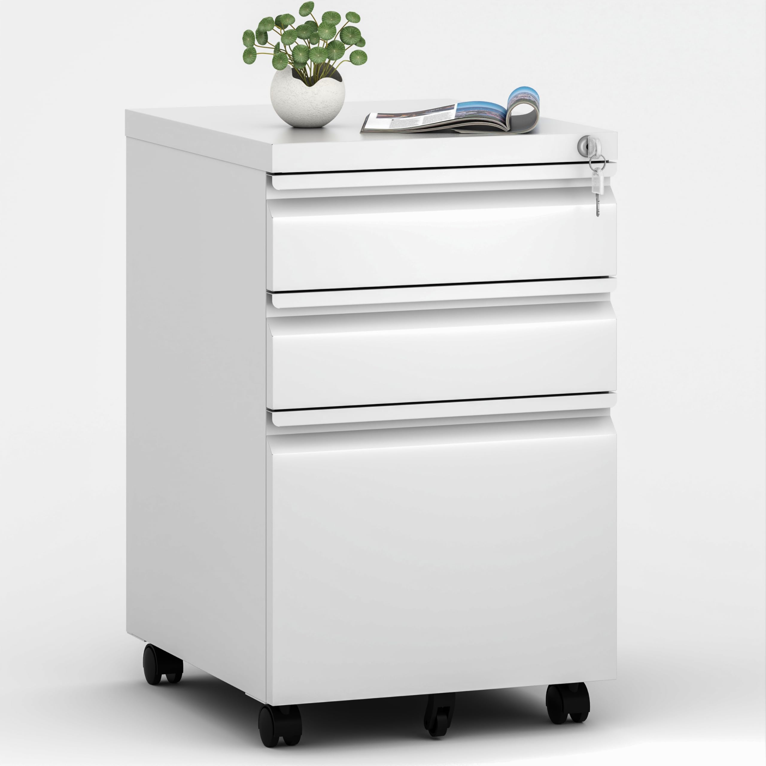 Photo 1 of 3 Drawers Mobile File Cabinet, Rolling File Cabinet Fully Assembled Under Desk, Metal Filing Cabinet with Lock for Home Office Organizer Letters/Legal/A4 (White)