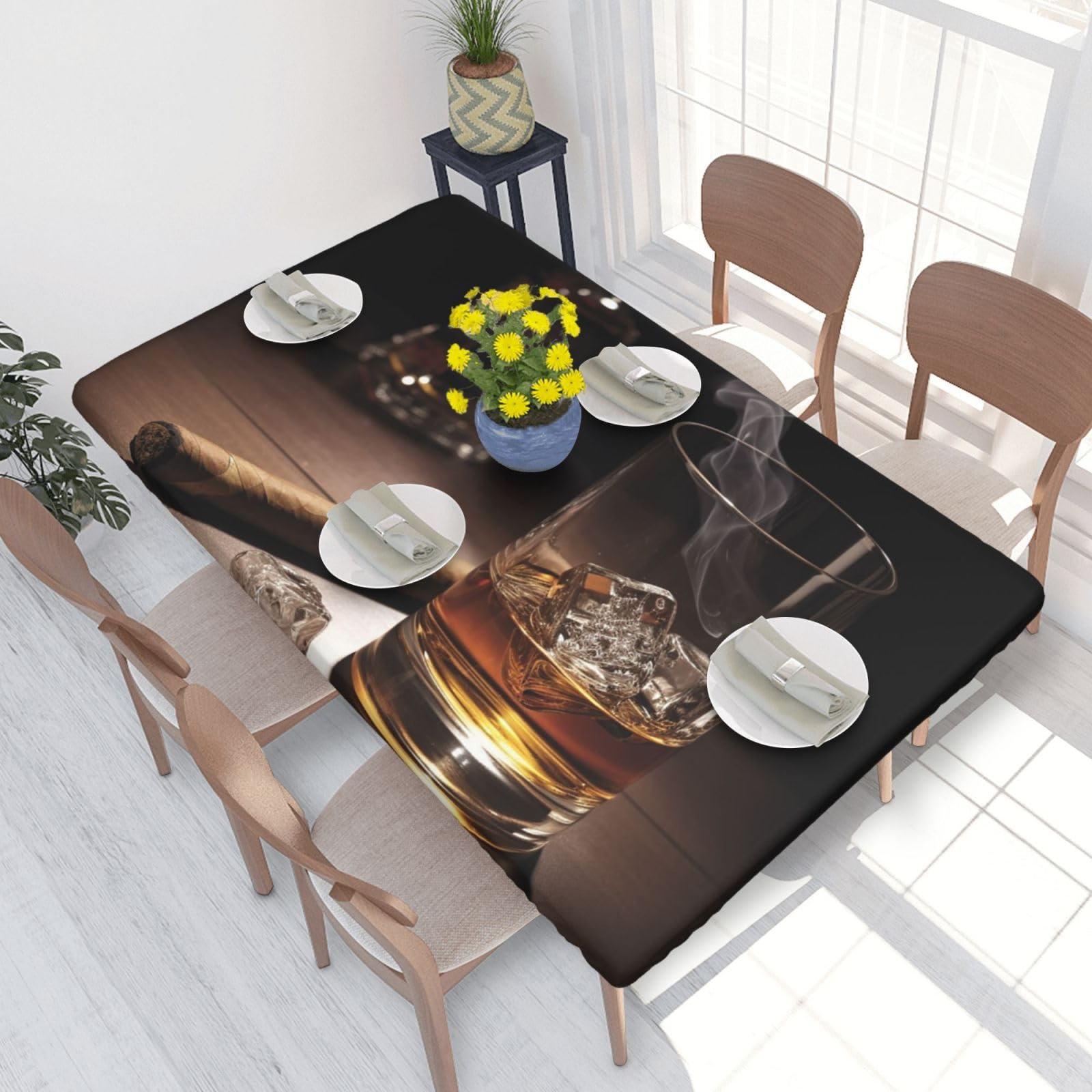 Whisky And Cigarette Picture Waterproof Square Table Cover Elastic Fitted Tablecloth Oil Proof Table Protector For 4ft Table