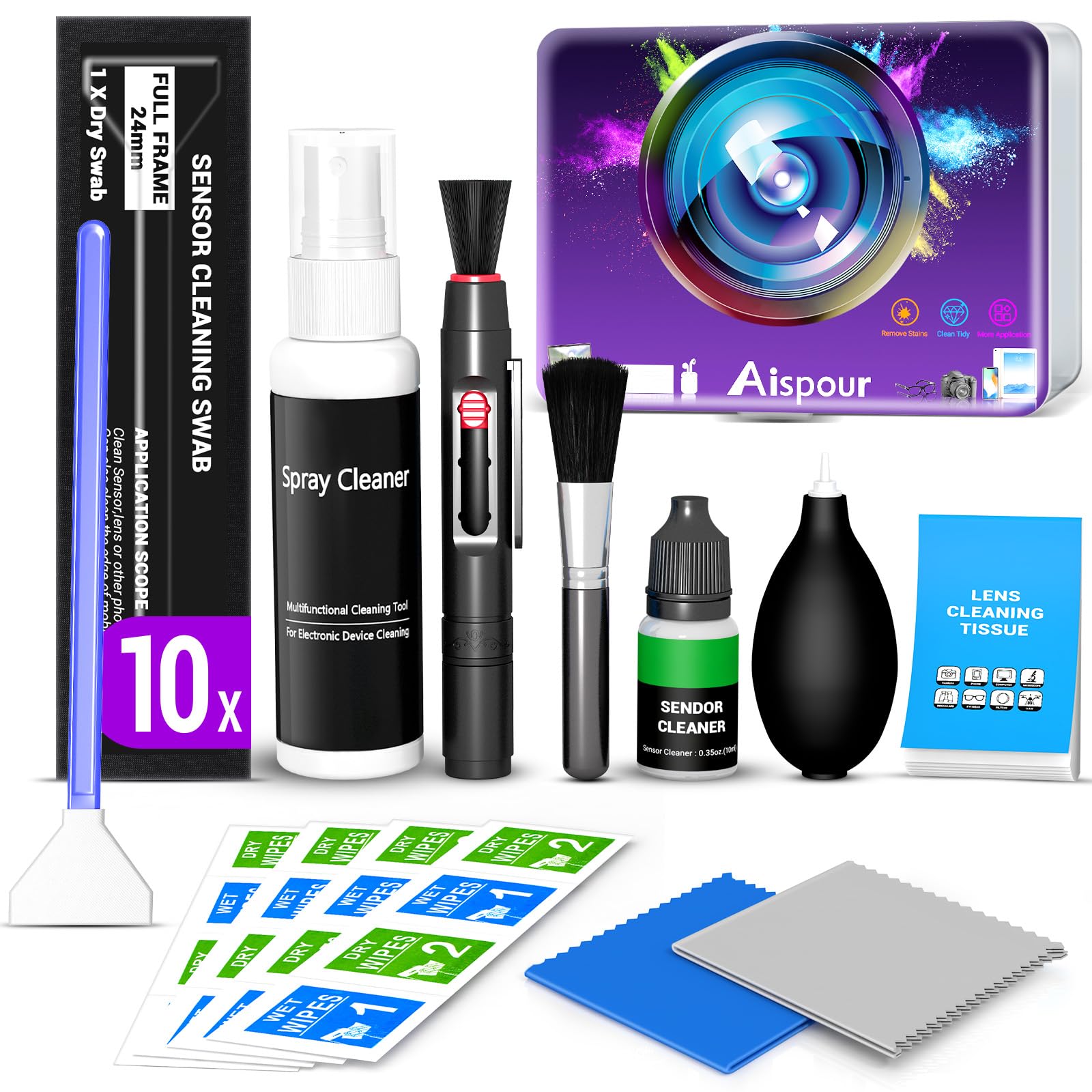 Kit per la pulizia dell'obiettivo della fotocamera, kit di pulizia 10 in 1, pulitore per obiettivo fotocamera e accessori per fotocamera, include kit di pulizia dell'obiettivo, detergente per
