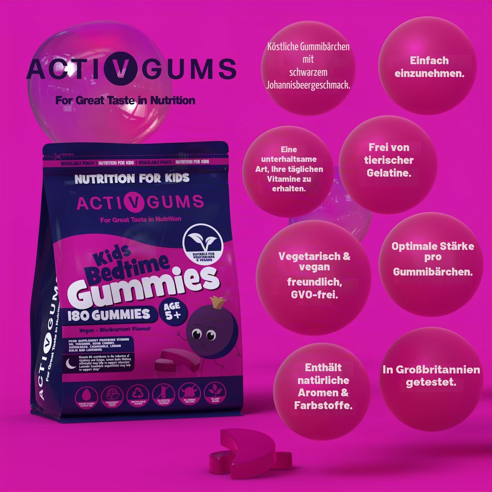 Kinder schlafen 180 vegane Gummis | Johannisbeer-Geschmack | Melatonin & 5HTP-frei | Enthält Vitamin B6, Montmorency Kirsche, Kamille | Wiederverwendbare & recycelbare Tasche | Ab 5 Jahren| ActivGums®