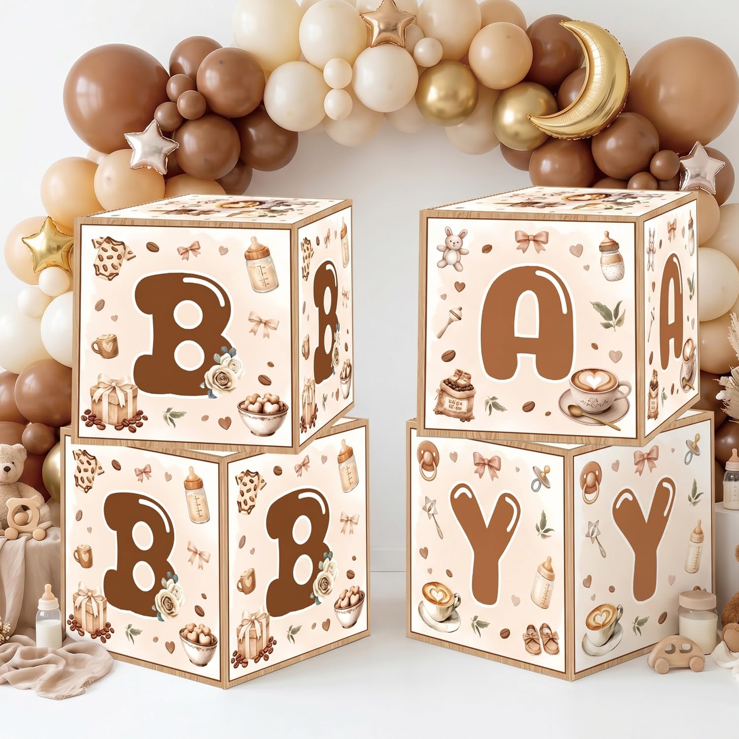 Aposwow a Baby is Brewing Baby Shower Decorations, 4PCS Coffee Baby Shower Balloon Boxes with Baby Letter Party Decorations, Baby Brewing Gender Reveal Decor Supplies