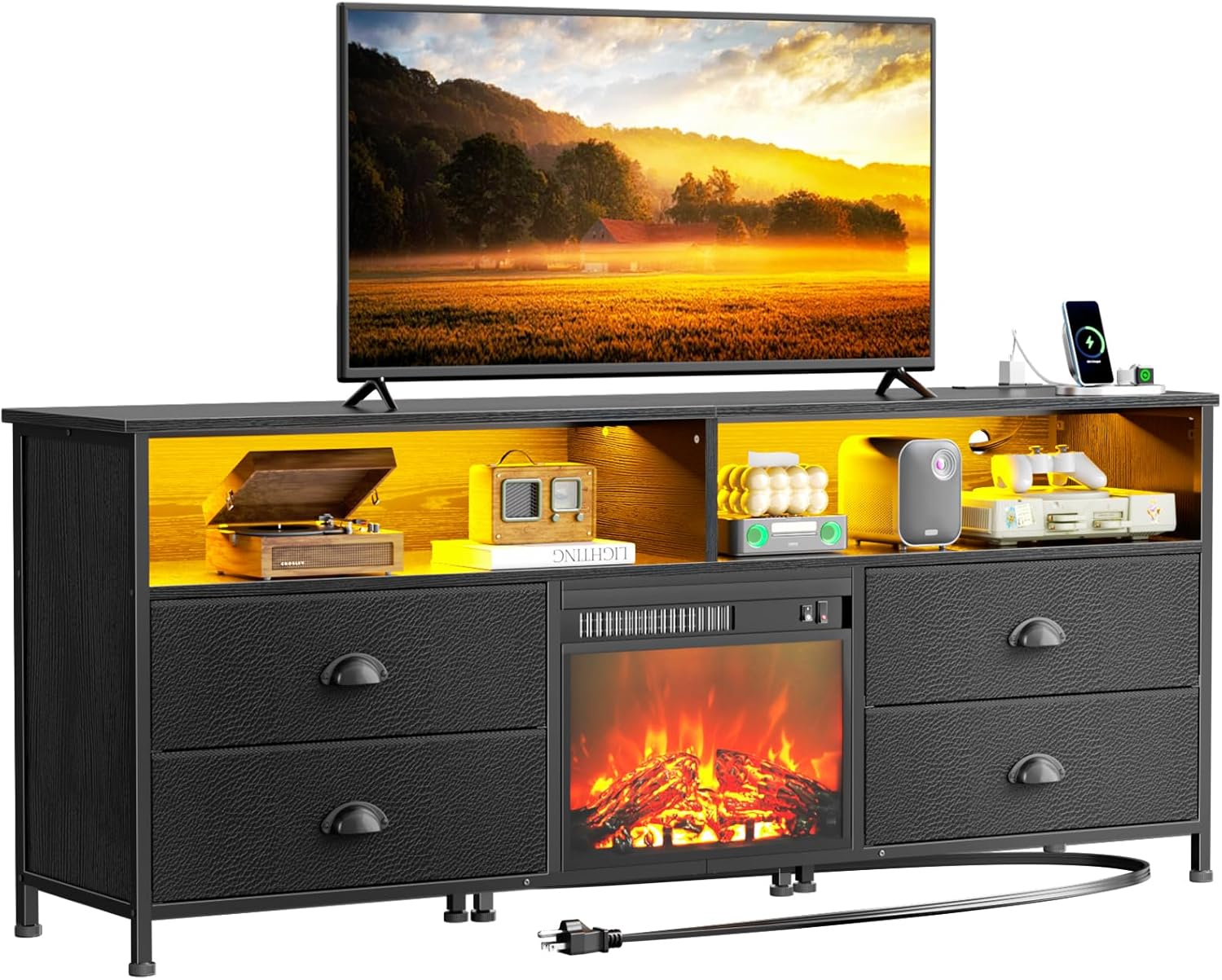 Furologee Fireplace TV Stand with 4 Drawers for 55/60 inch TVs, 53" Entertainment Center with LED Lights and Power Outlets, Media Console Table with Storage Shelves for Living Room/Bedroom, Black