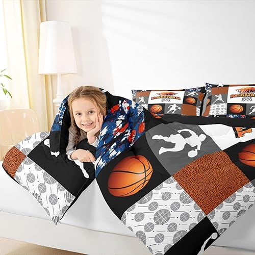 Miniatura 5 de Juego de edredón individual de baloncesto para niños, ropa de cama deportiva, juego de edredón de atleta de baloncesto, estilo de patchwork,