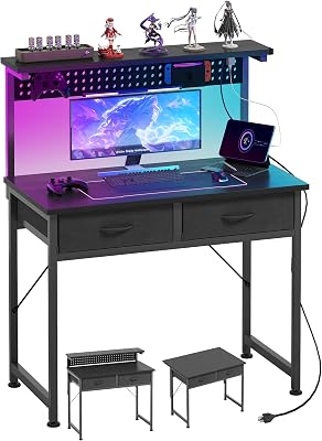 MUTUN Small Desk with Drawers, 31 Inch Computer Desk with Power Outlet & LED Light, Gaming Desk with Adjustable Monitor Stand & Pegboard, Modern PC Study Writing Table for Bedroom, Black