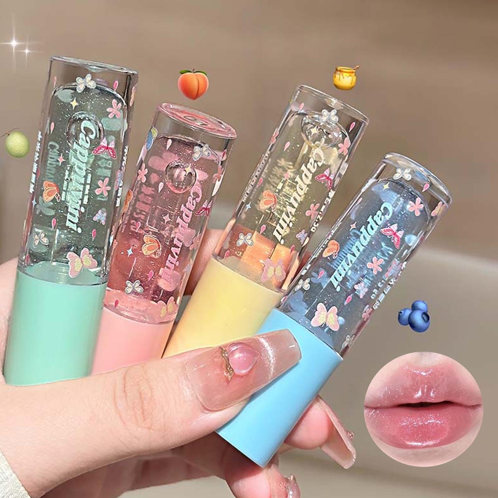 4Pcs Glitter Clear Lip Gloss For Girls,Hydrating Lip Oil Set Long Lasting Nourishing Lip Gloss Base Revitalizing for Dry Lip High Shine Finish,Fruity Flavoring Oil