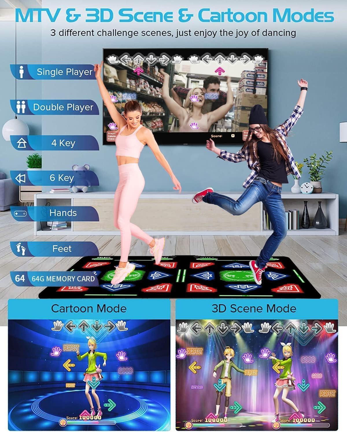 HDMI Dance Mat for Kids & Adults, 64GB Memory, 1000+ Built-in Games, 885 Songs & 81 MTVs, Yoga, Aerobics, Running, Sports & Puzzle Modes, Soft Non-Slip Flannel Material Plug & Play Pad,Gift for kids