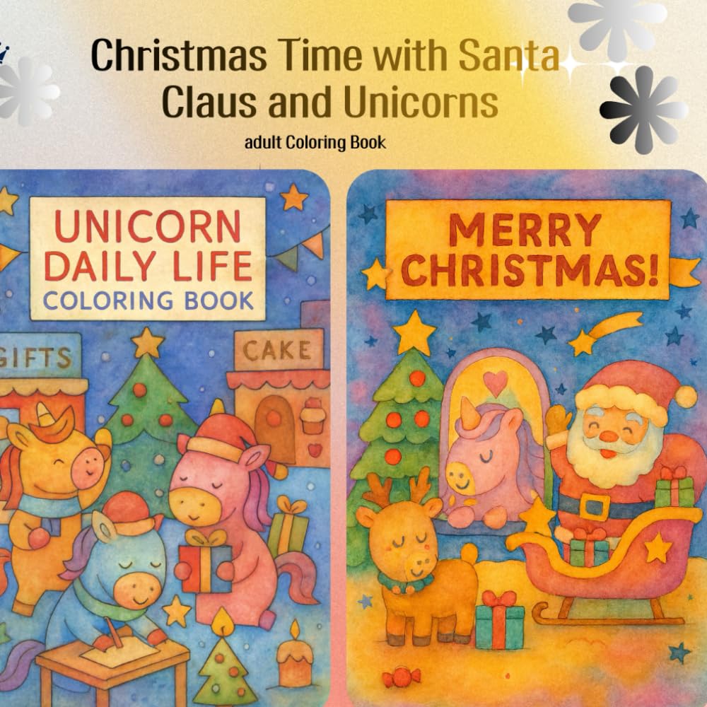 Christmas Time with Santa Claus and Unicorns: Stress Relief: Coloring Book for Adults and Kids