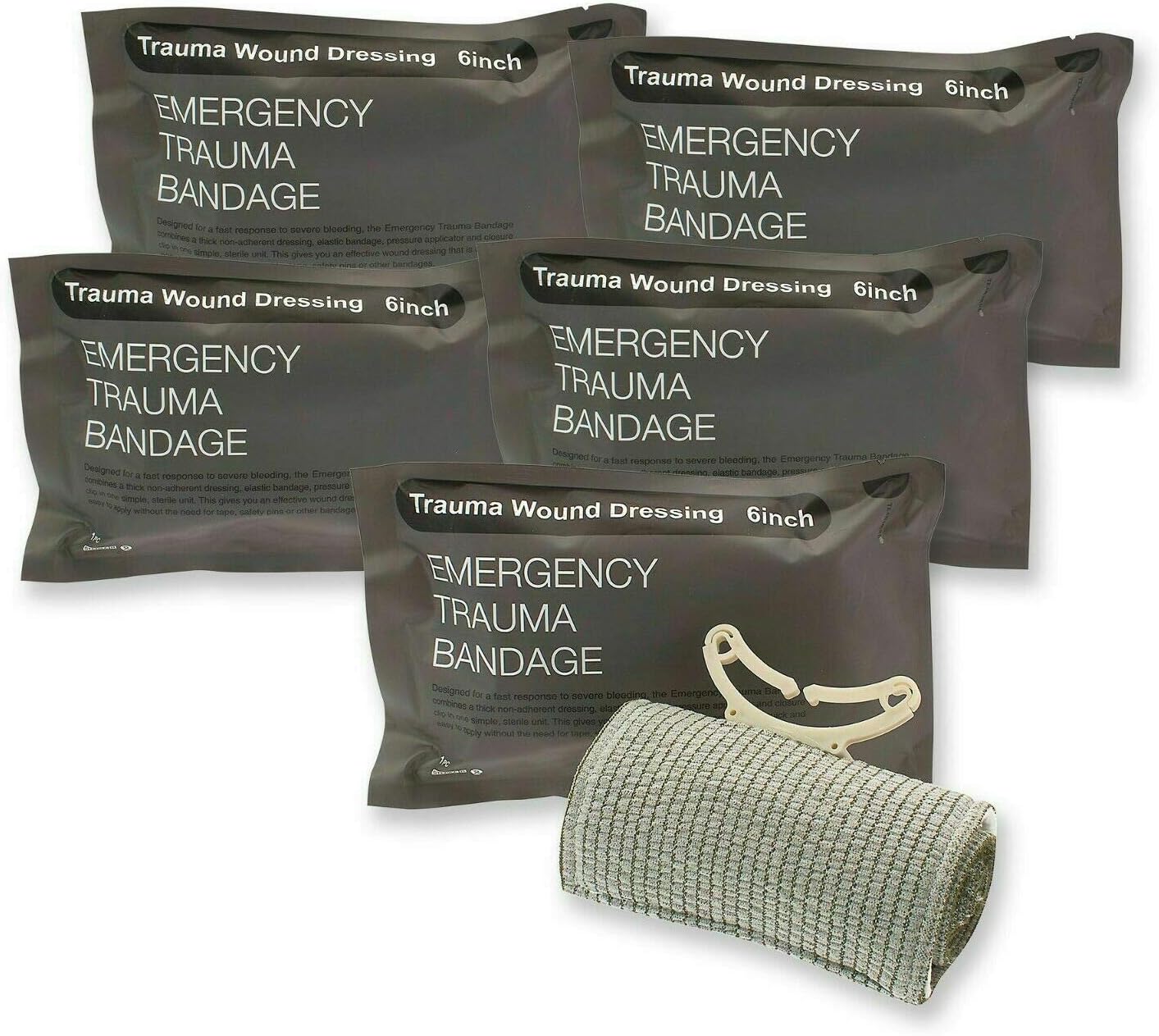 ASA TECHMED 5 Pack Emergency Trauma 6" Israeli Style Bandage - Combat Military Style Battle Wound Dressing First Aid IFAK