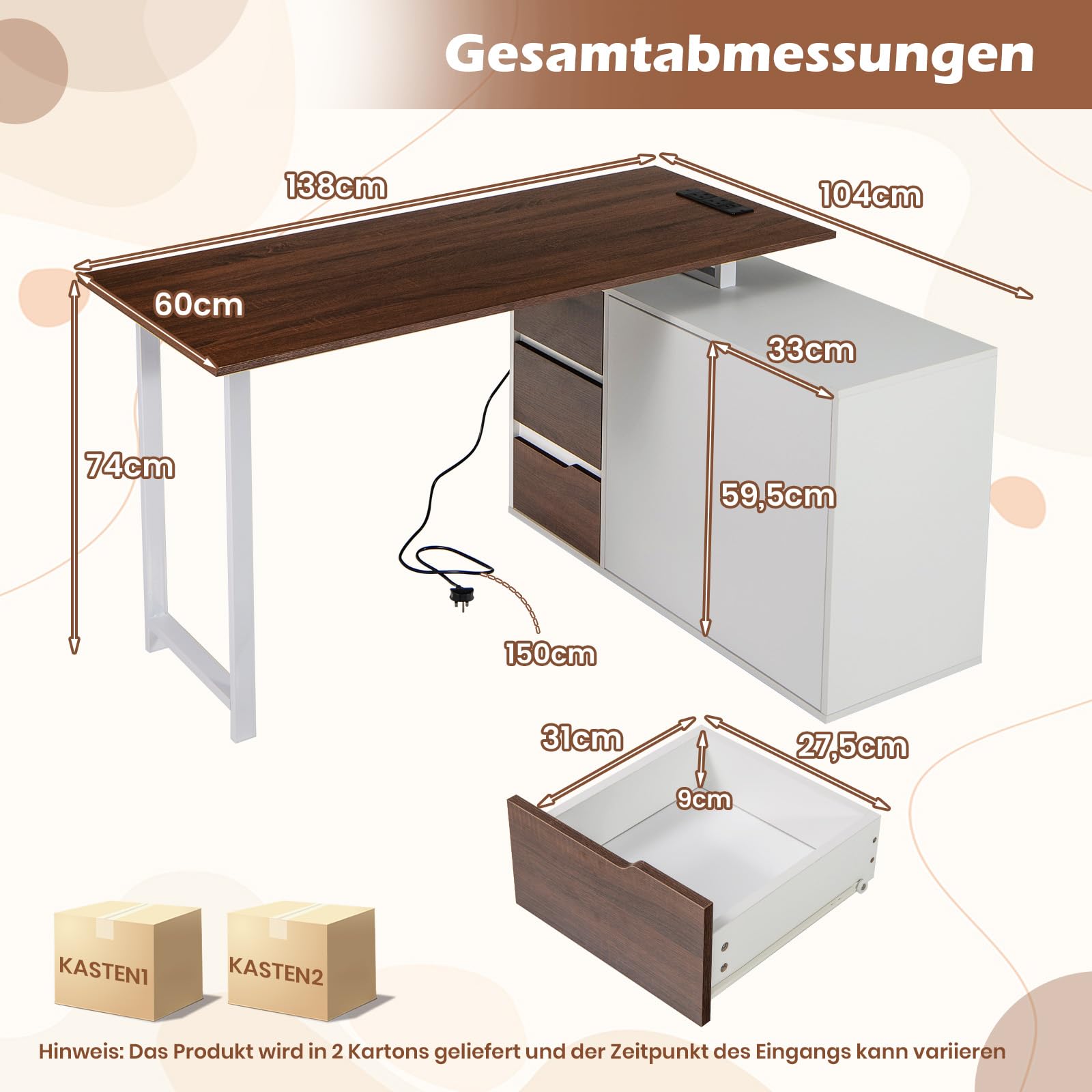 COSTWAY L-förmiger Schreibtisch mit Ladestation & Aktenschrank, Eckschreibtisch umkehrbar mit 3 Schubladen & 2 Türen, Computertisch aus Holz mit Metallrahmen für Zuhause & Büro (Braun)
