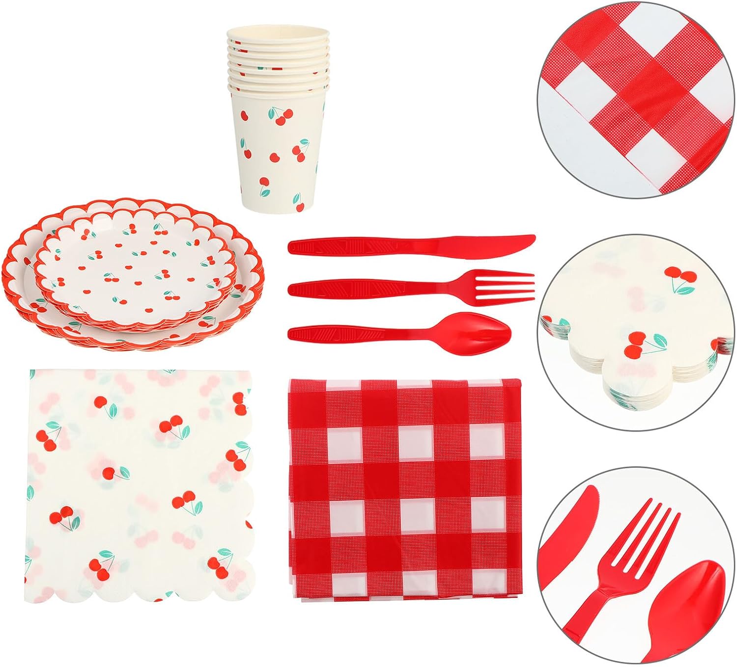 Cherry Pattern Disposable Paper Tableware Set 500 Pieces Party Paper Plates and Cups with Napkins for Outdoor Picnic and Birthday Celebration