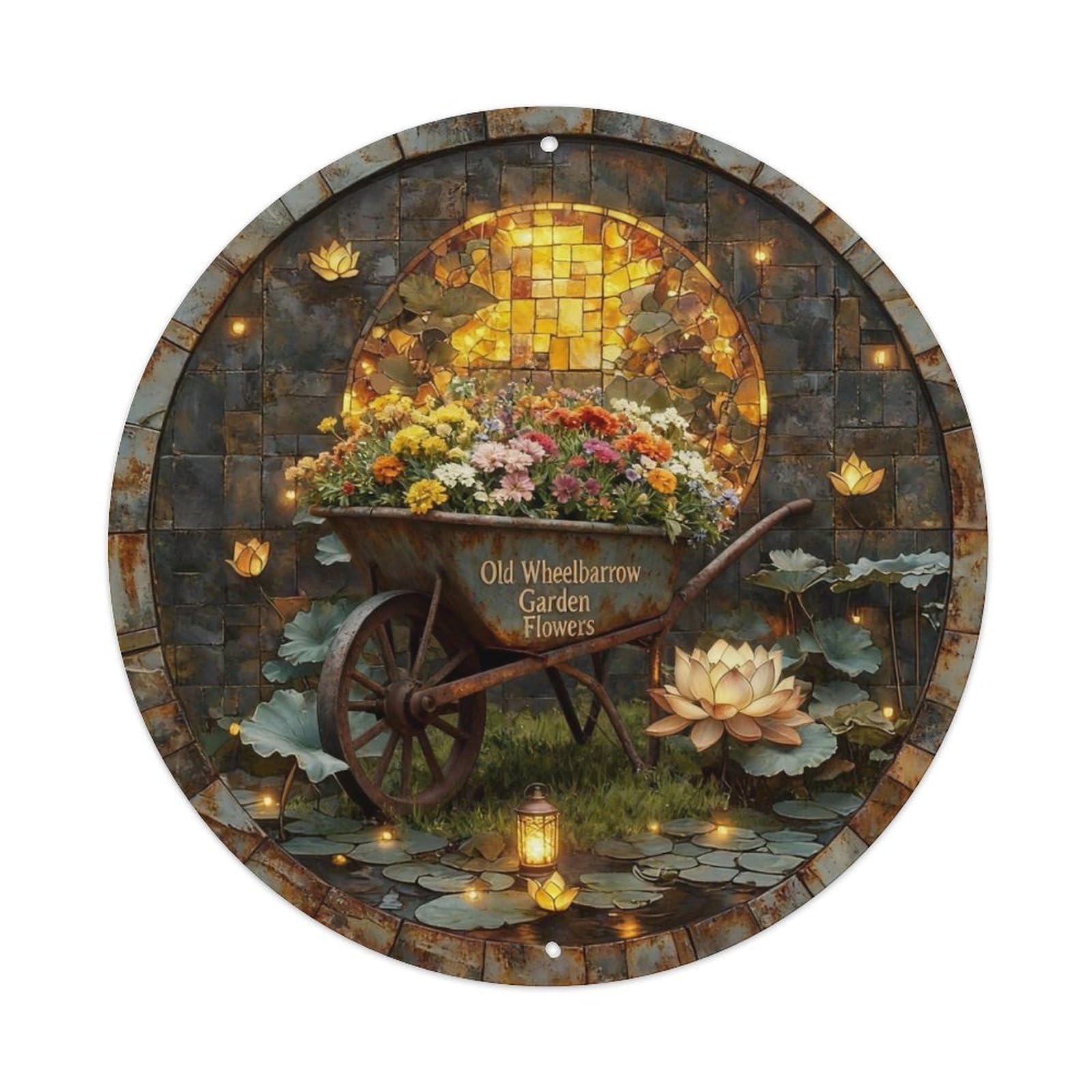 Old Wheelbarrow Garden Flowers Metal Tin Sign Plaque