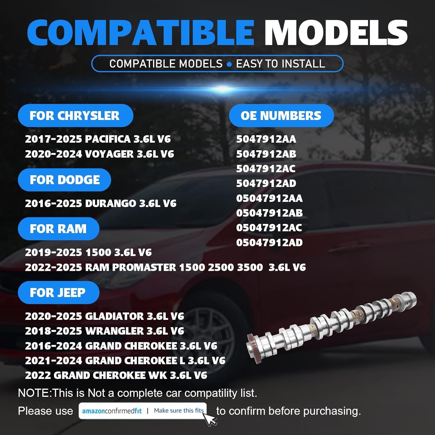 5047912AD Left Side Intake Camshaft for Chrysler Pacifica Voyager for Dodge Durango for Ram ProMaster 1500 2500 3500 for Jeep Gladiator Wrangler Grand Cherokee L WK 2016-2025 3.6L