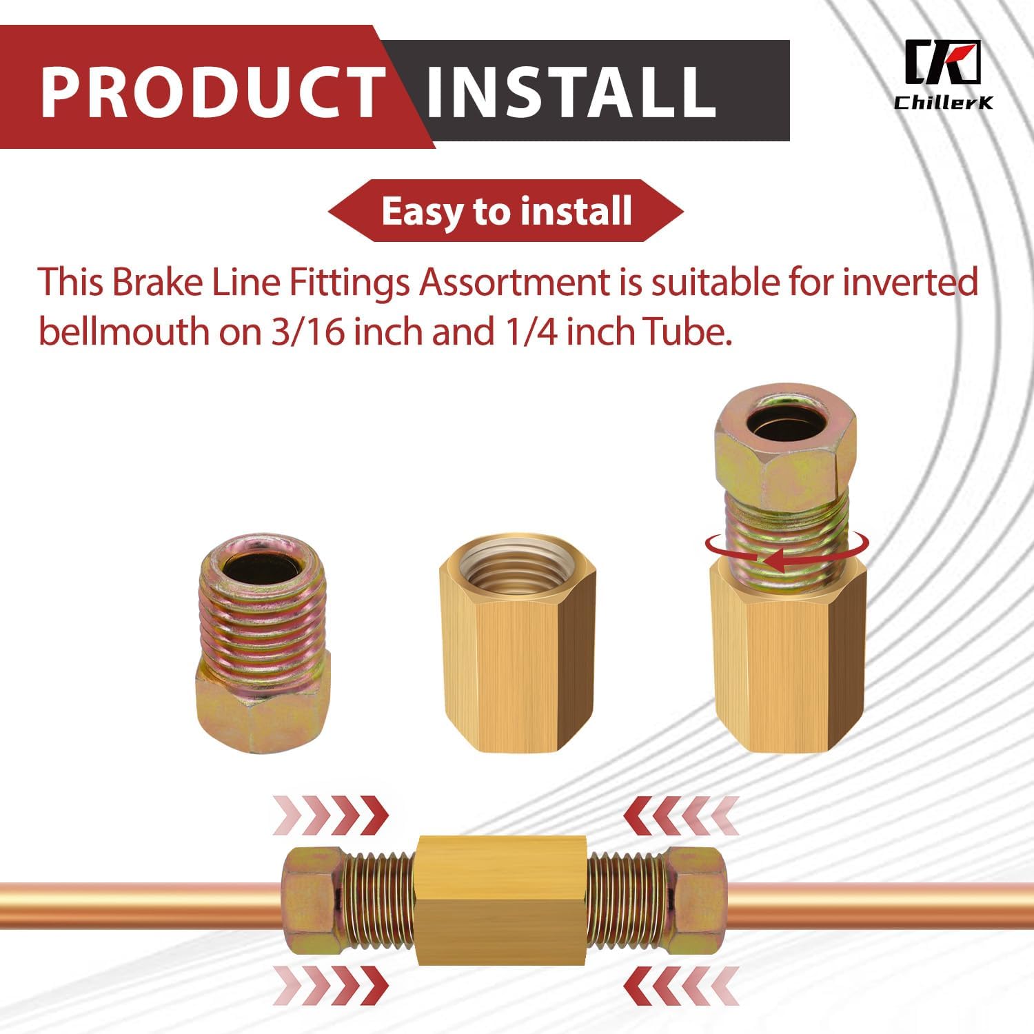 24 PCS 3/16" Brake Line Fittings Kit - 24 Threads Assortment for 3/16" Tube - Includes 8 PCS Unions, 16 PCS Nuts