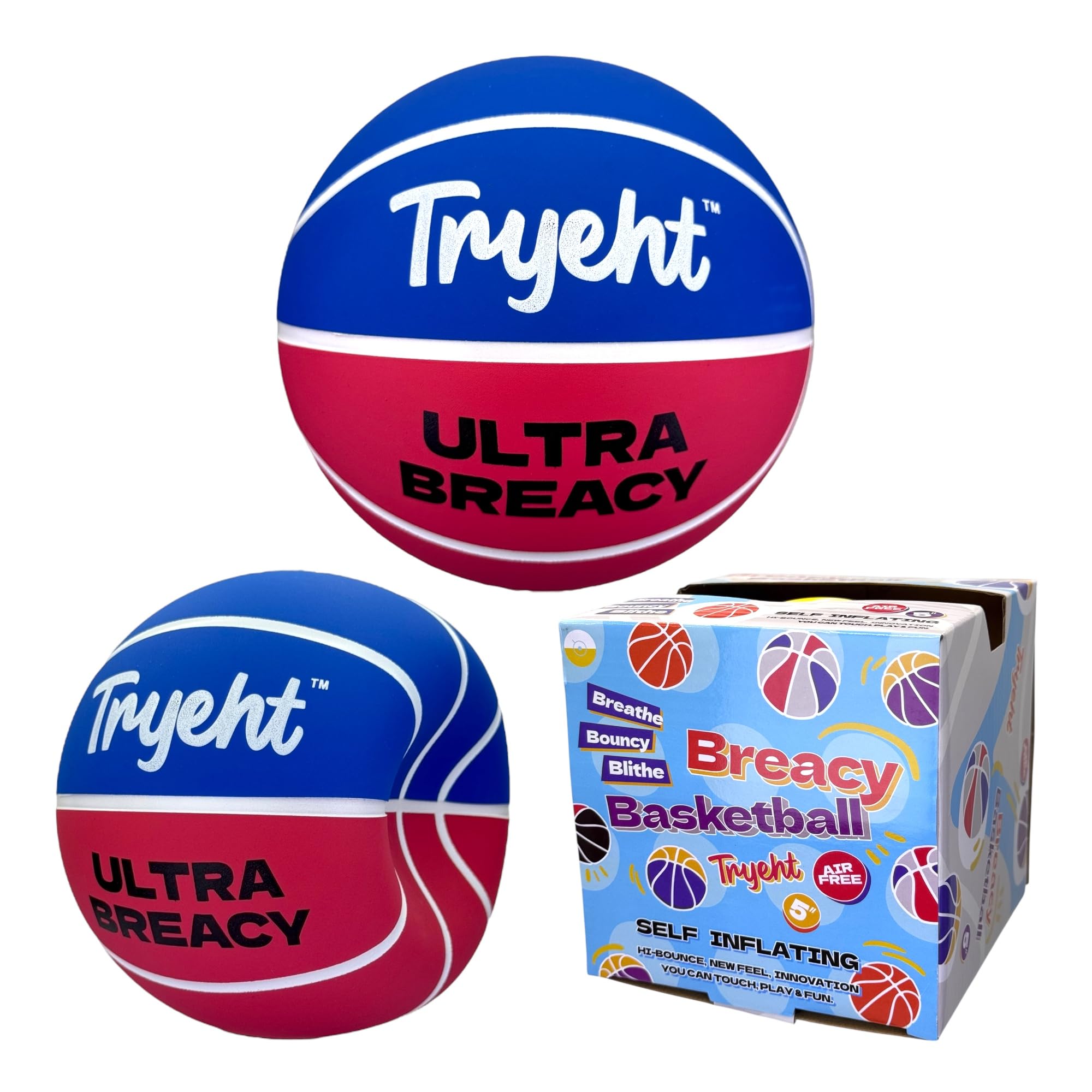 Tryeht Mini Self Inflating Breacy Basketballs 5”, Durable Hollow Rubber Breacy Balls New Feel, Hi Bounce, No Pump Needed, Blue and Red, Perfect for Small Hoops, Outdoor Games, Picnic and School Play