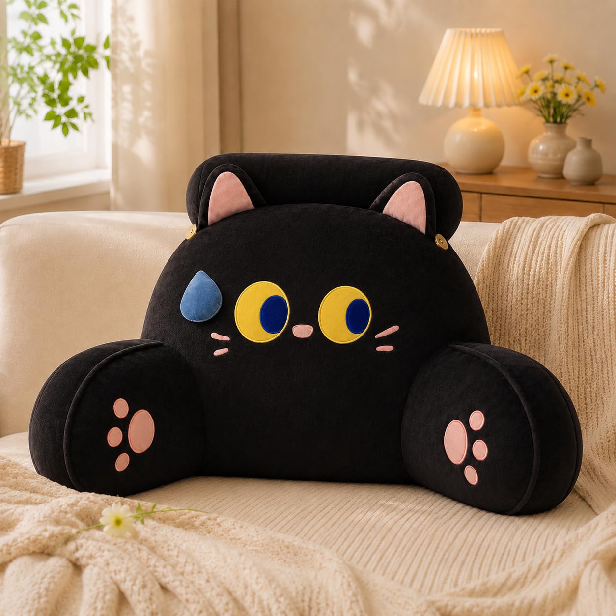 Azmaht Black Cat Cuddle Cushion Reading Pillow In Soft Plush And Pp Cotton, Washable Back Support Cushion, Cosy Support Pillow, Lounger Back Support Pillow For Adult Bedrest,,75X50cm