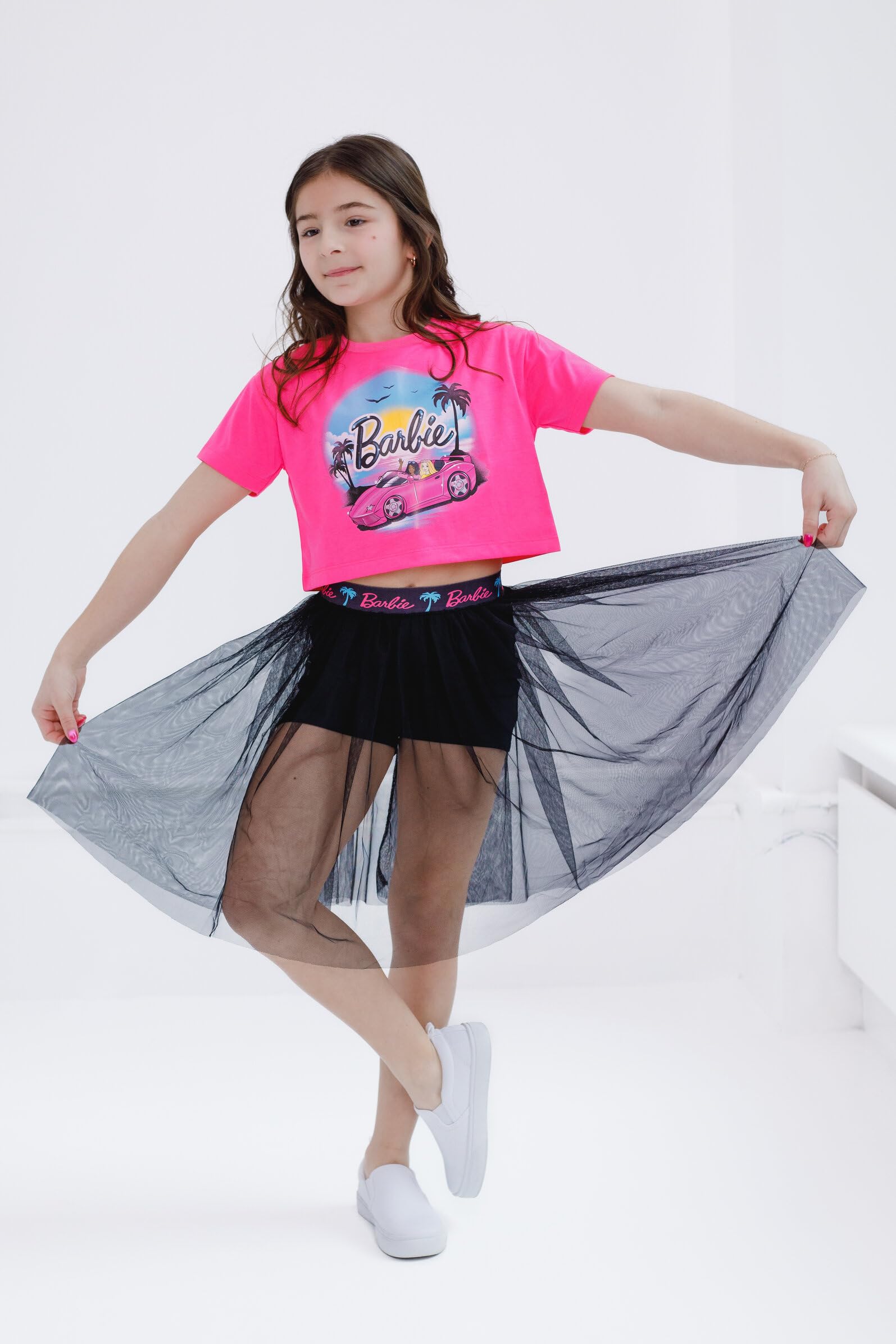 Barbie - Top a spalla con gonna in tulle a rete per bambine e bambini grandi (2T - 14-16)