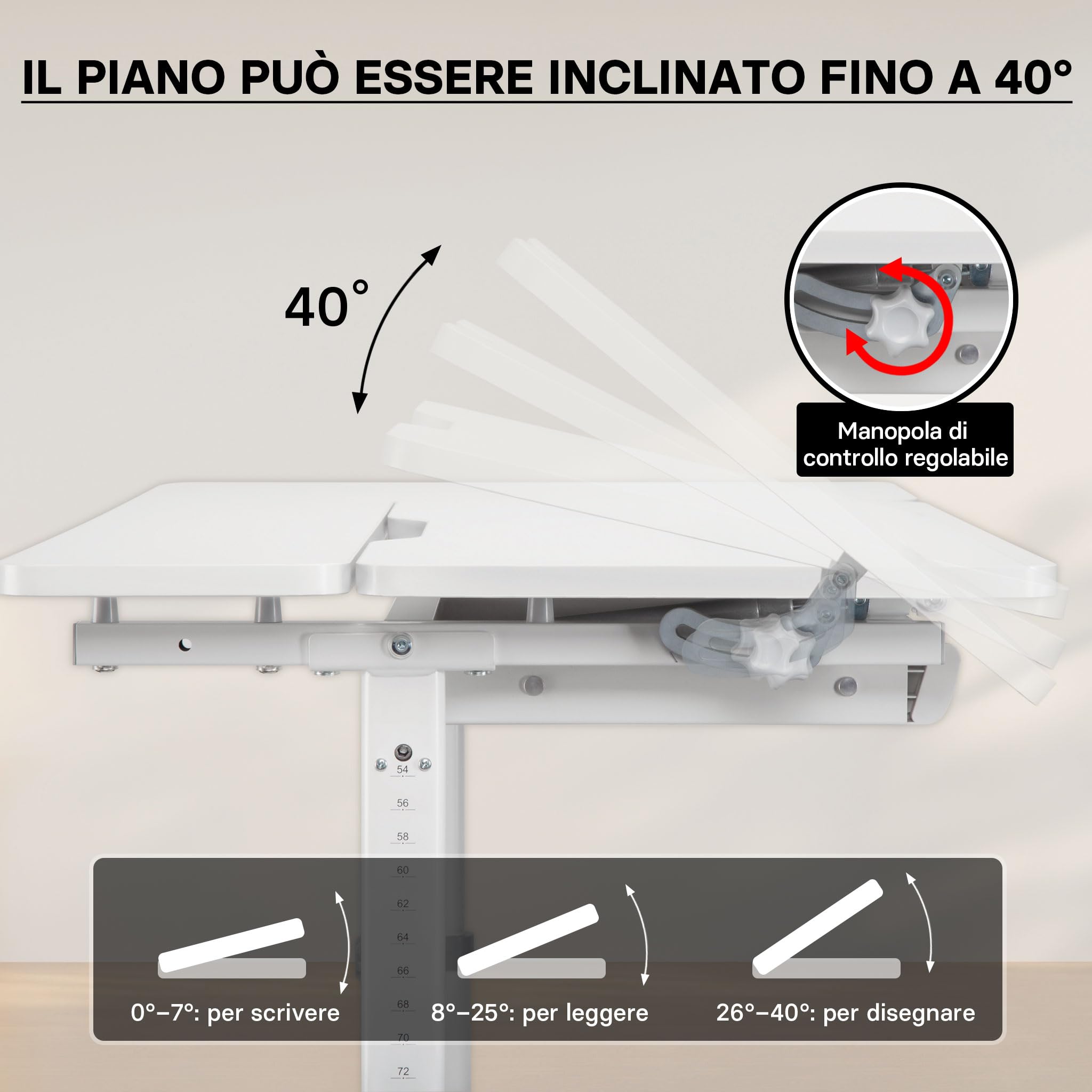 Scrivania per bambini 100x60cm regolabile in altezza e in inclinazione Con manovella