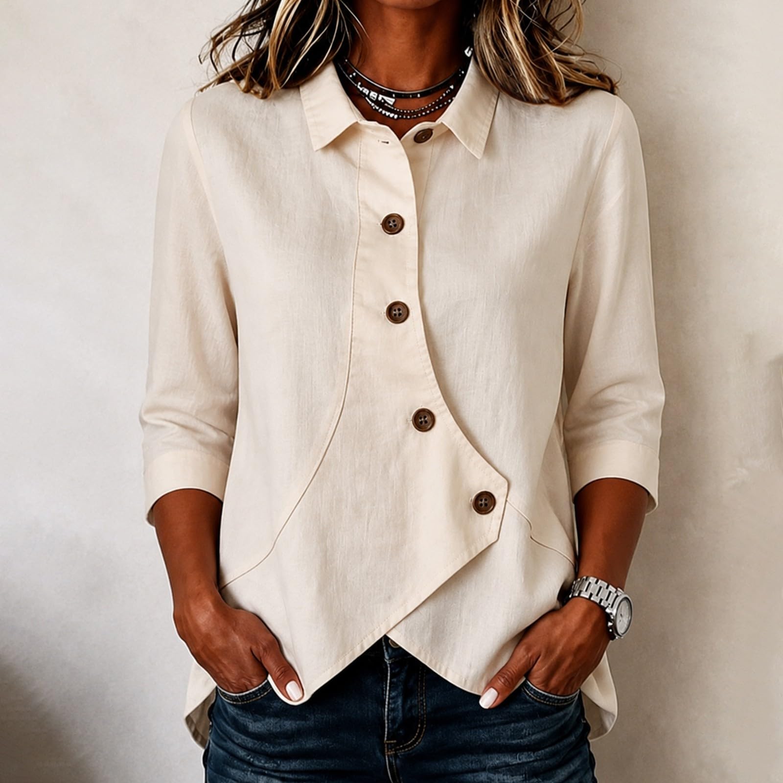Camicetta da donna con maniche a 3/4, effetto lino, abbottonatura | Camicetta casual da donna con tasche, traspirante, per il tempo libero, l'ufficio, la primavera e l'autunno