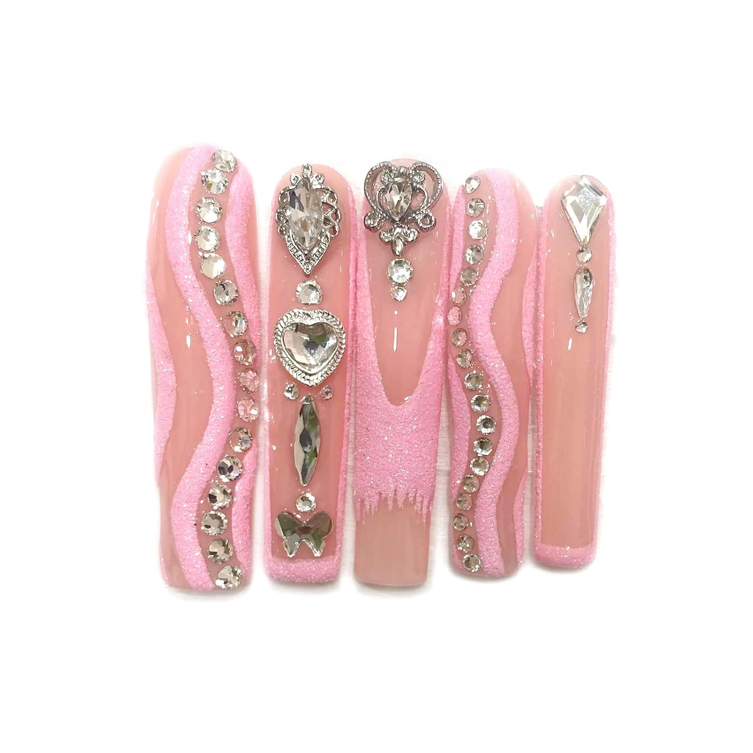 Extra Long Square Press On Nails, 55mm Glitter Wave Fake Nails with Heart & Butterfly Rhinestones, Sweet Pink Sugar Texture Artificial Nails for Date, Party, Special Occasion, 3 Sizes (L)