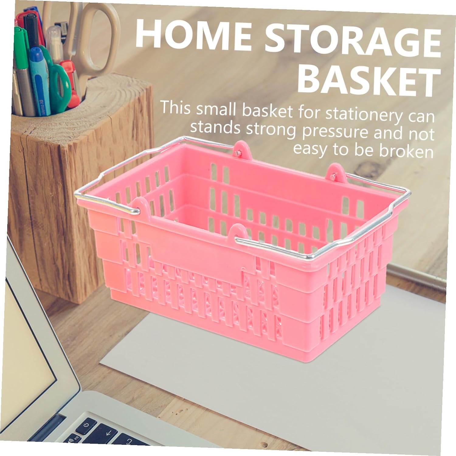 Hemoton Mini Storage Basket 4.53X2.95X1.57 Inch Portable Plastic Organizer with Handle for Stationery Storage Organizer and Art Supply Holder image 3