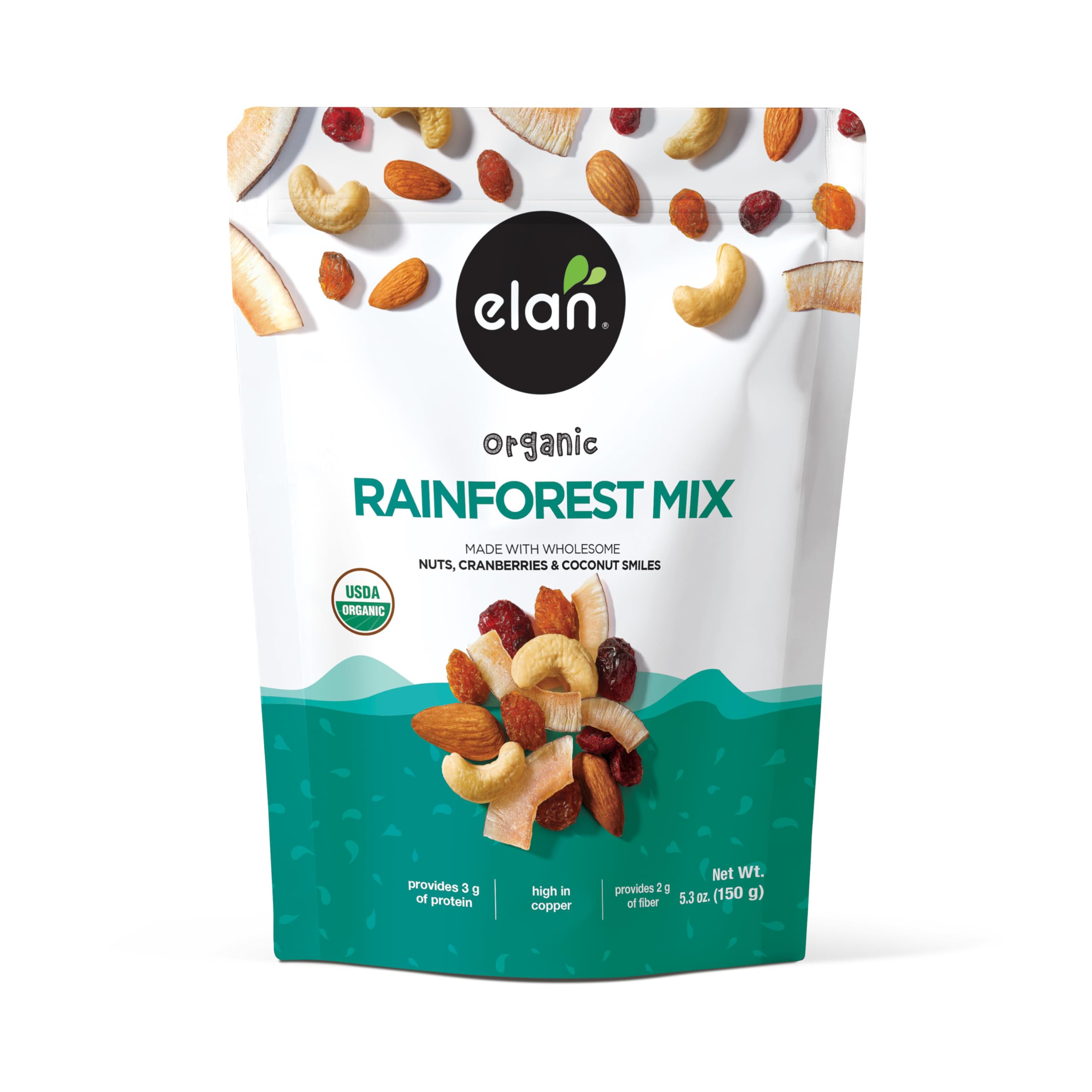Elan Organic Rainforest Mix, 5.3 oz, Healthy Snacks, Dried Fruits (Raisins, Coconut, Dried Cranberries), Nuts (Roasted Cashews, Roasted Almonds), Non-GMO, Gluten-Free, Vegan, Kosher
