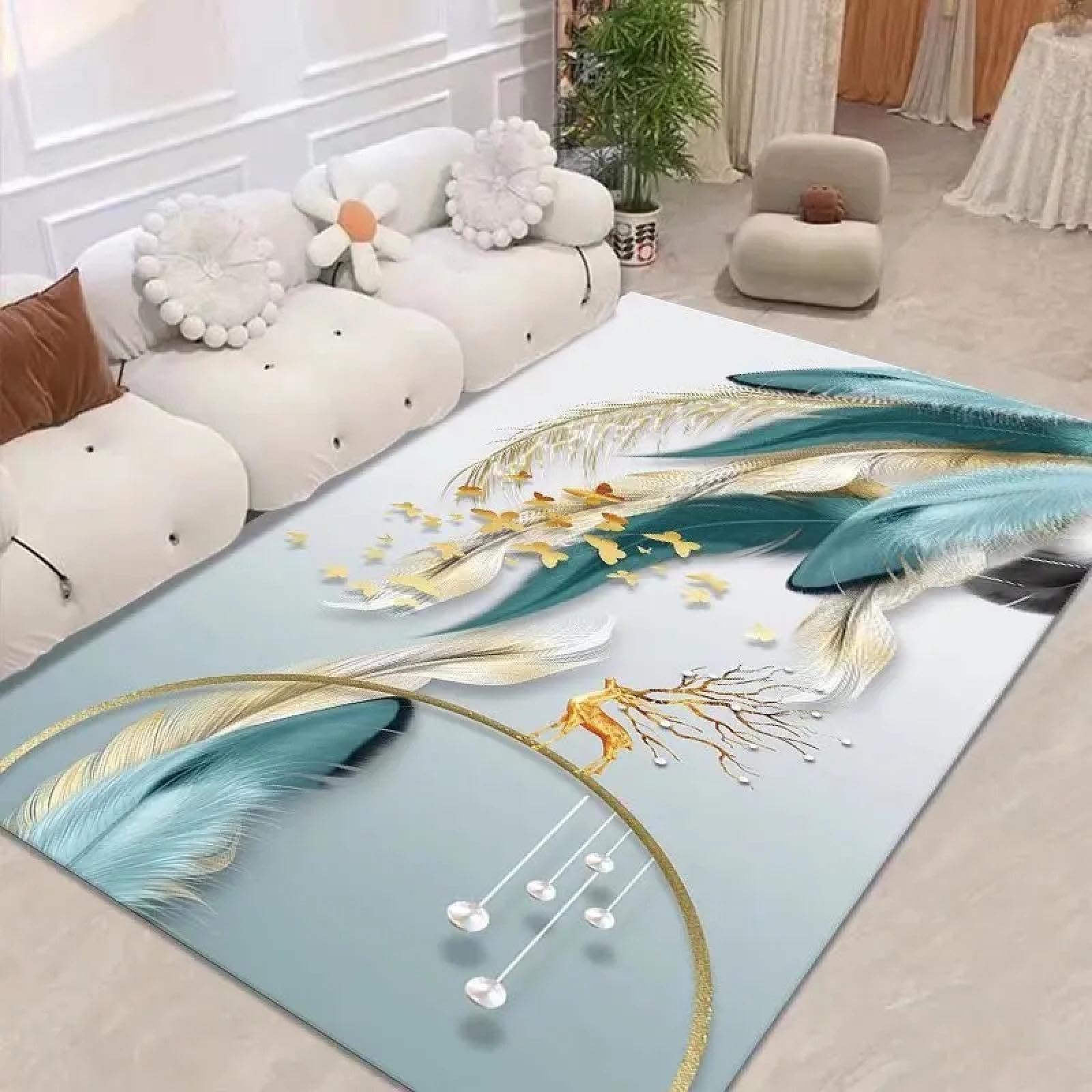Tapis antidérapant imprimé plumes doux pour sécuriser et décorer un sol de chambre