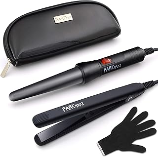 FARI Travel Hair Curling Iron and Mini Flat Iron 2 in 1 Kit, Ceramic Tourmaline Curling Wands and Hair straighteners Set, Heat Resistant Glove and Travel Pouch Included, Black