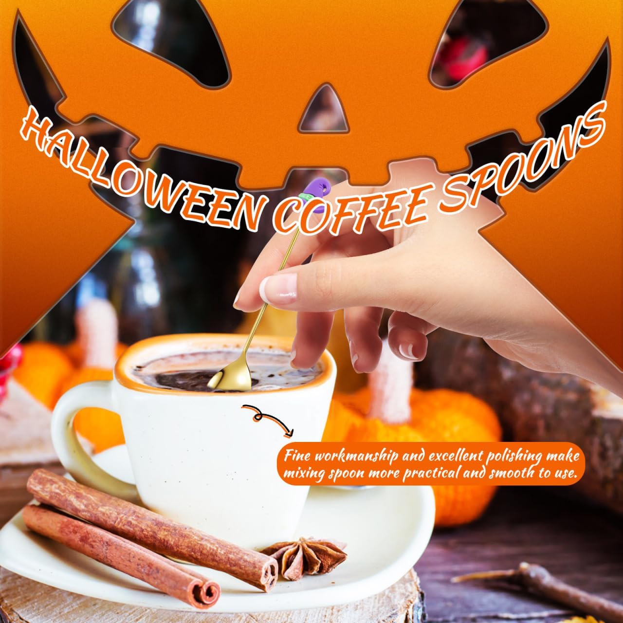 Cabilock 6Pcs Halloween Coffee Spoons, Stainless Steel Dessert Tea Spoons, Halloween Golden Pumpkin Witch Hat Ghost Design, Tableware Serving Utensils for Party and Kitchen