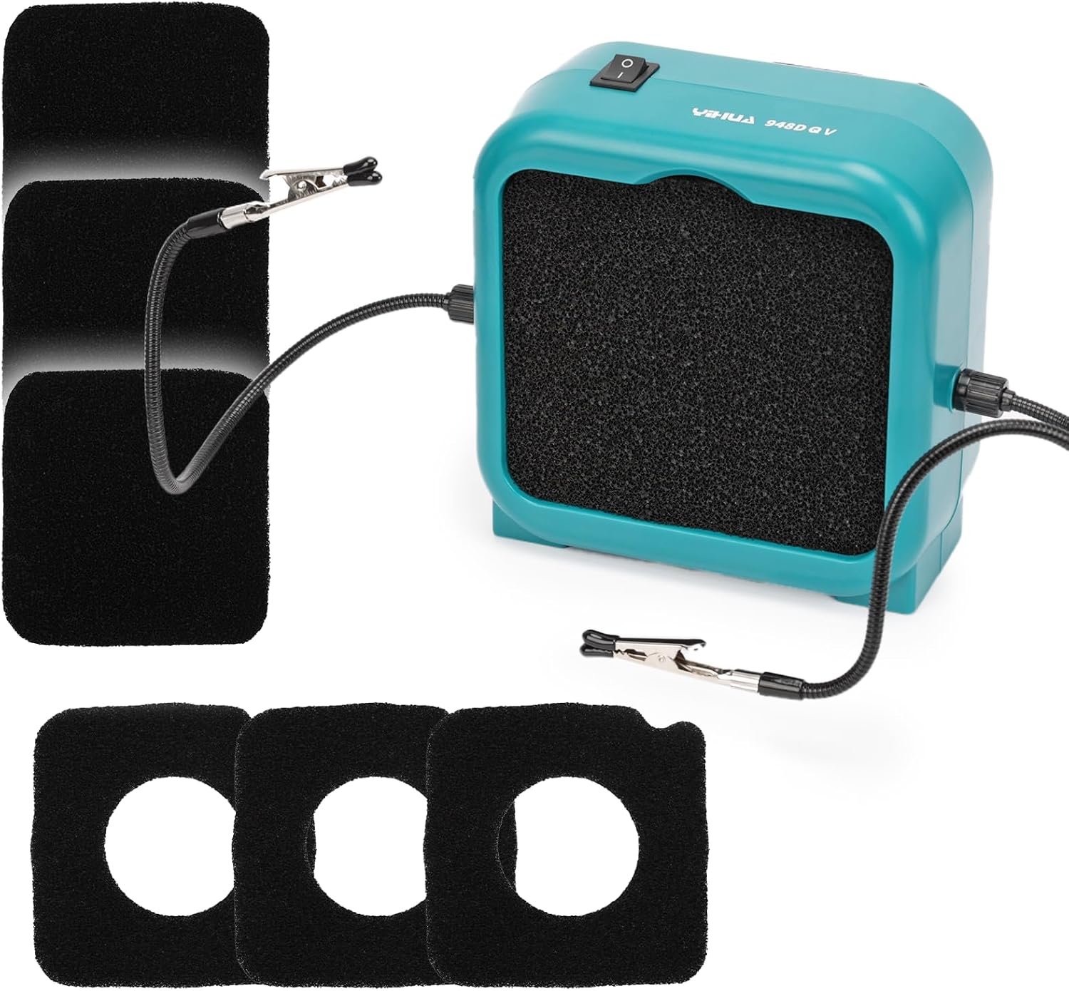 YIHUA 948DQ V Soldering Fume Extractor with Helping Hands, Compact Solder Smoke Absorber with Dual Activated Carbon Filters, Built-In Switch, 8 Carbon Filters for PCB Soldering and Electronics Repair