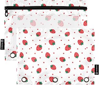 Binder Pouches,Cute Cartoon Heart Strawberry Pencil Pouch for 3 Ring Binder 2 Pack Clear Pencil Bag with Zipper for Office School Supplies